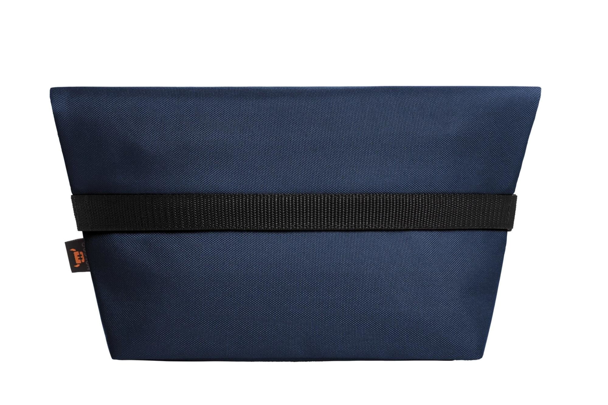 A navy blue cooler bag with a black strap, featuring a logo on the side.