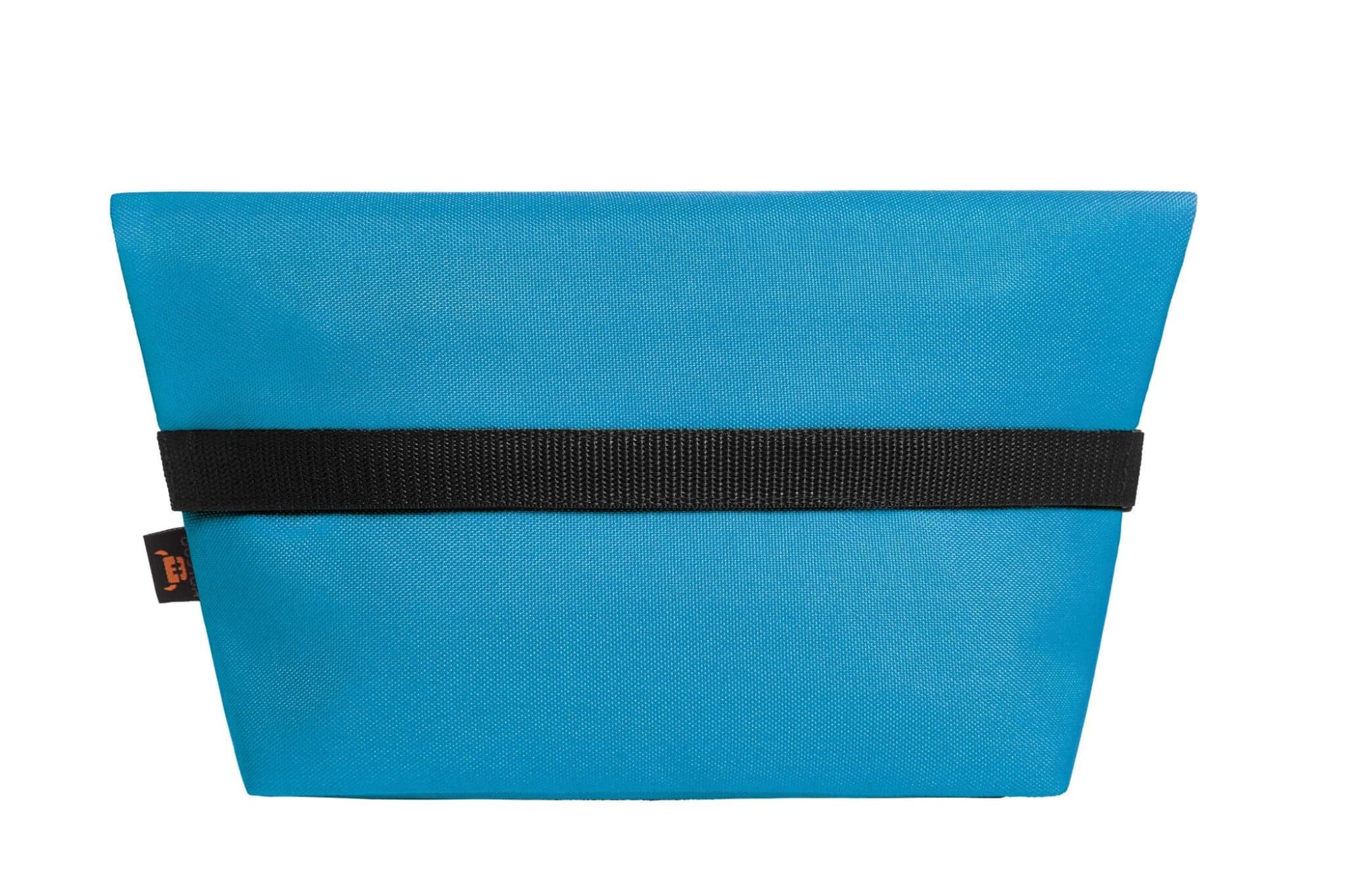 A blue cooler bag with a black strap and a branding logo on the side.