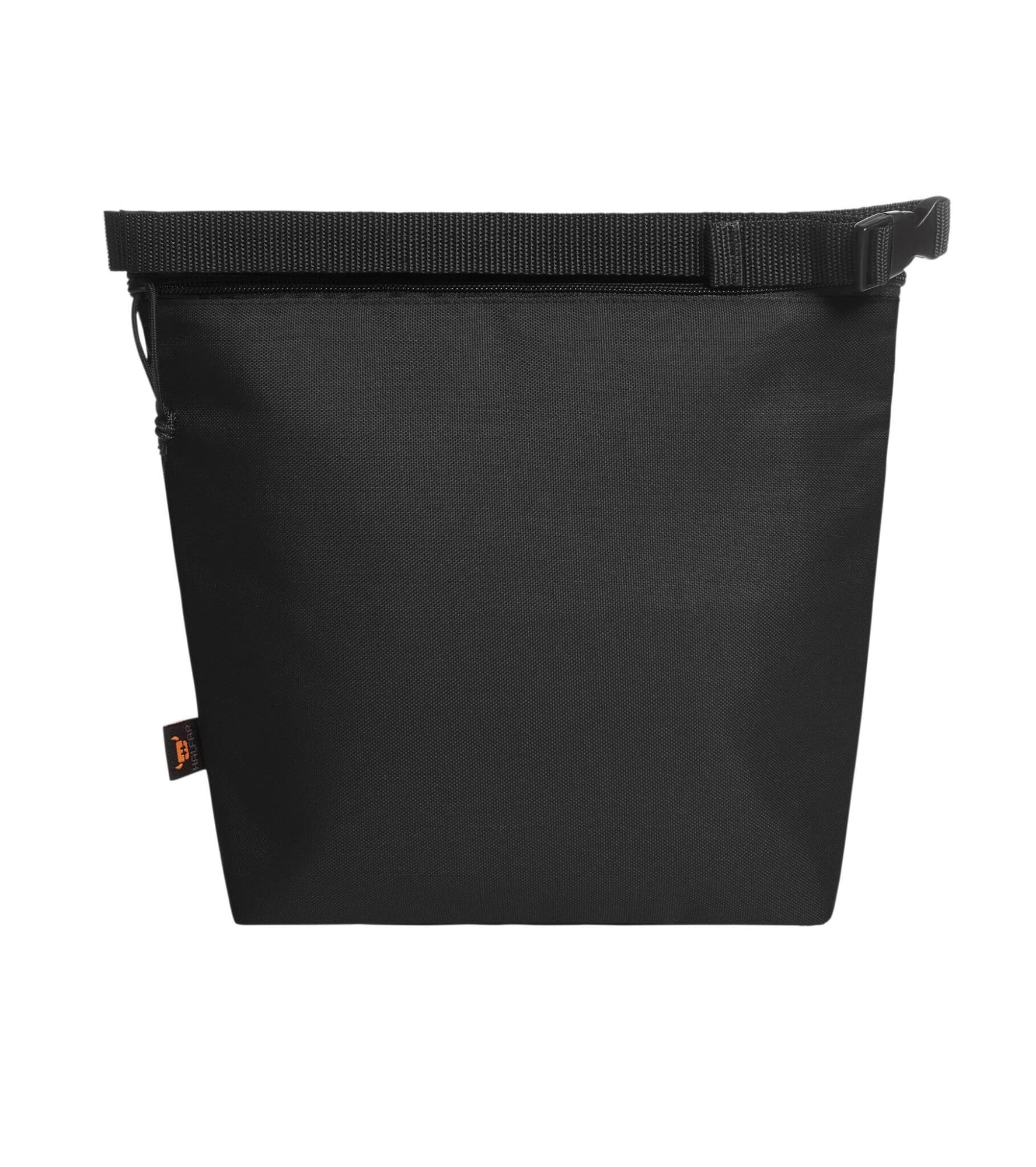 A black cooler bag with a zip closure and adjustable strap, featuring a small logo.