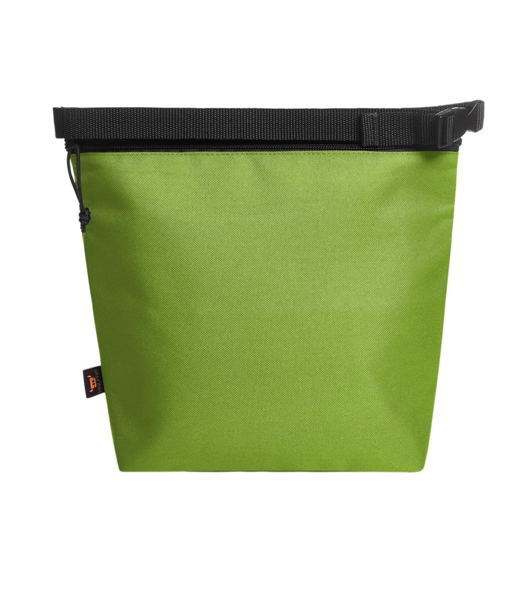 A green cooler bag with a black strap and a zip closure, featuring a logo on the front.