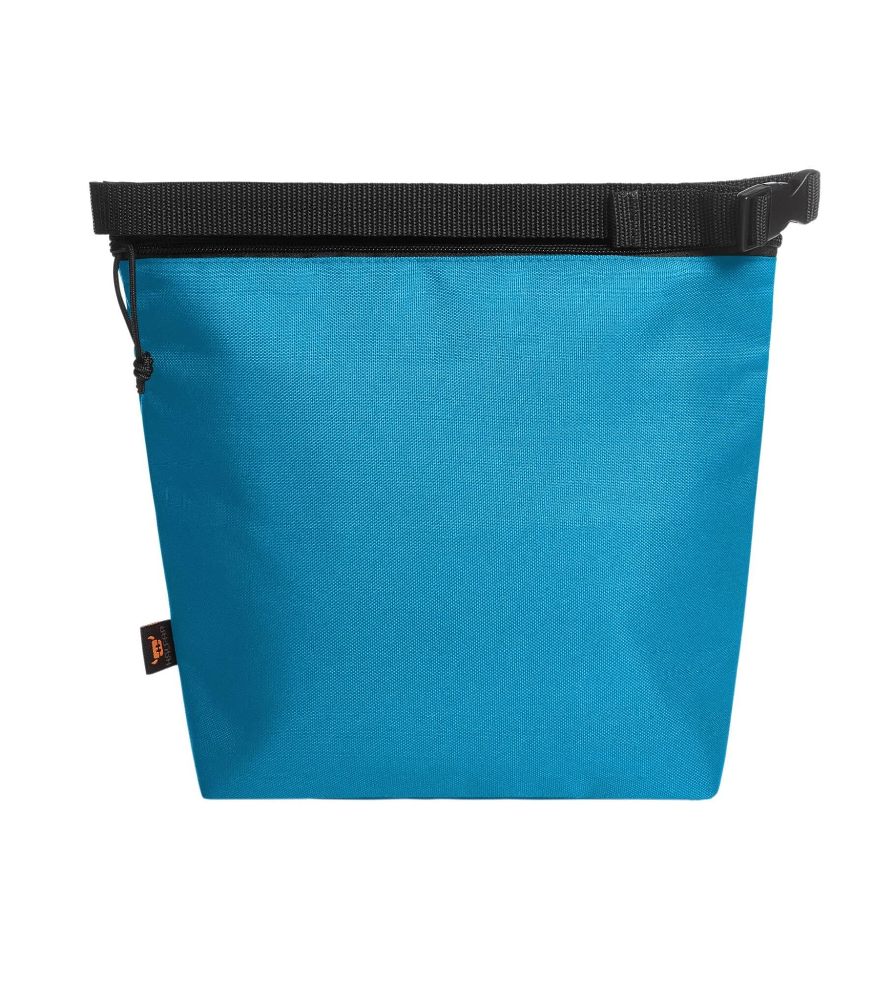 A blue cooler bag with a zip closure and a black strap, featuring a logo on the side.