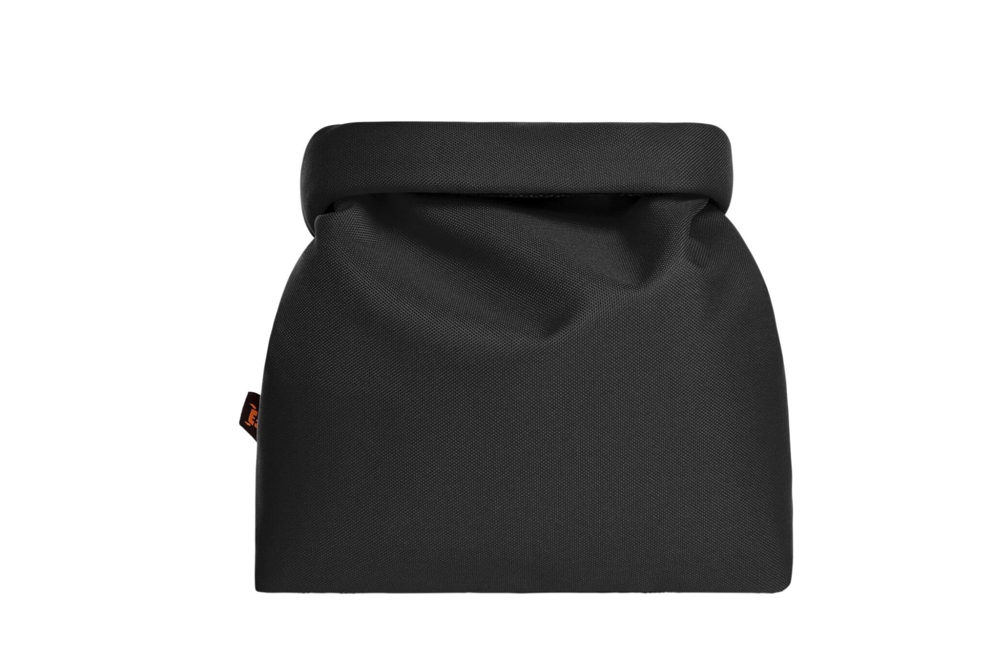 A black thermo bag with a foldable top, featuring a small branding label. Ideal for keeping items cool.