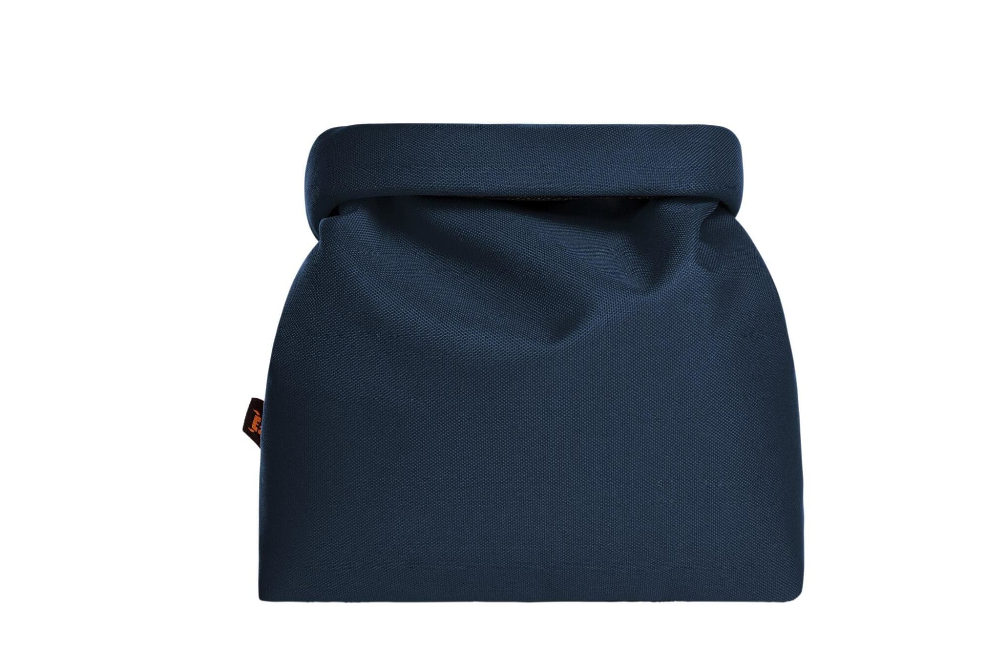 A thermo bag in navy blue with a rolled top design, featuring a small logo. Ideal for keeping items cool.