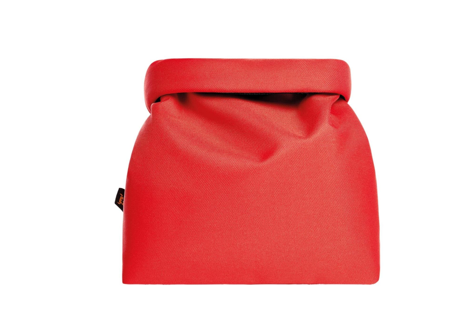 A red cooler bag with a textured surface and a rolled opening, featuring a logo.