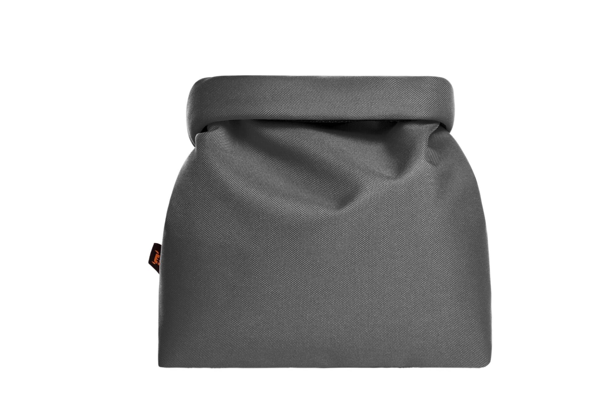 A grey cooler bag with a rolled top and a small logo on the side, designed to keep items insulated.