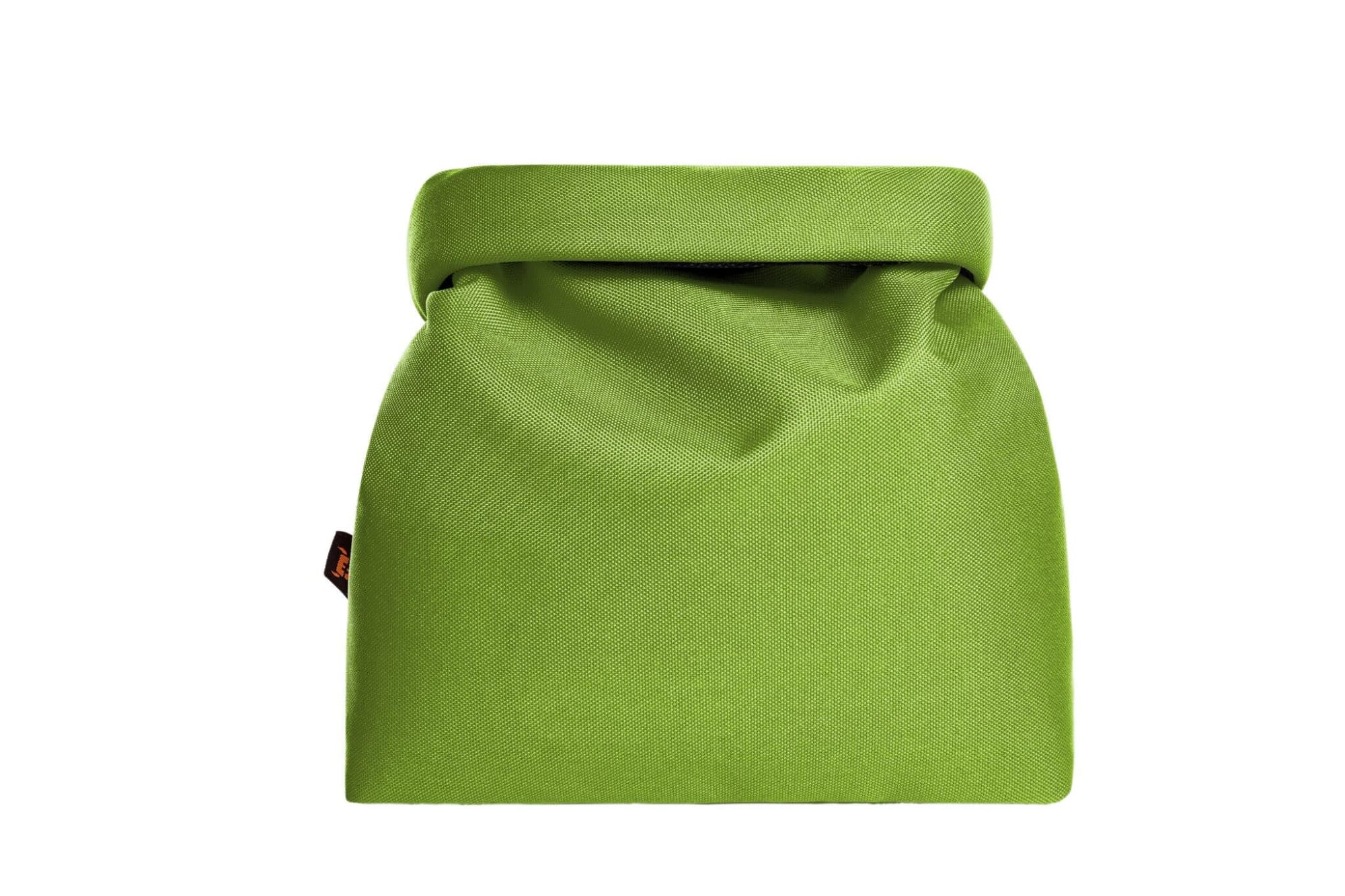 A green cooler bag with a fold-over top and a logo tag on the side.