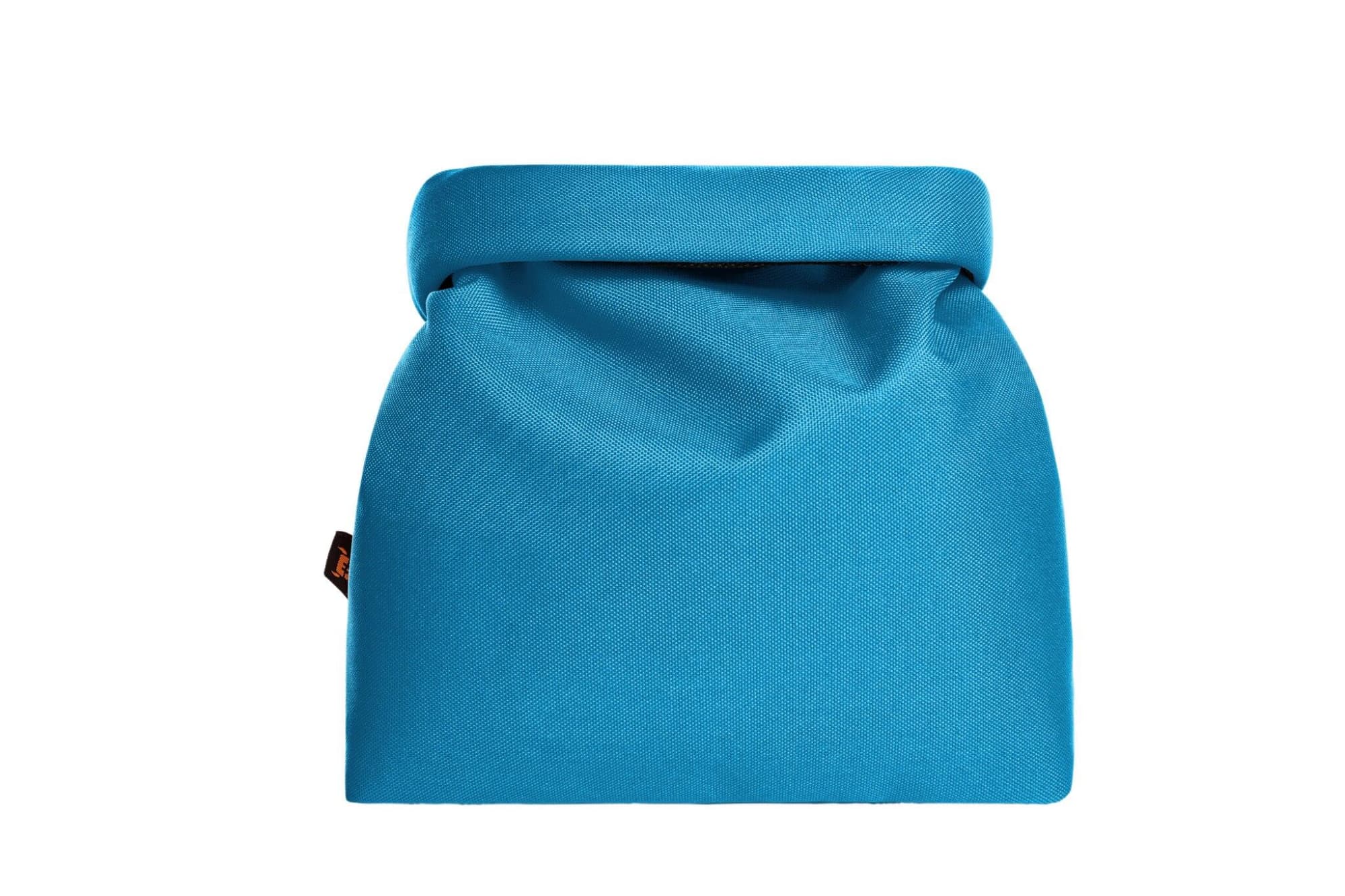 A blue cooler bag with a foldable top and a logo displayed on the side.
