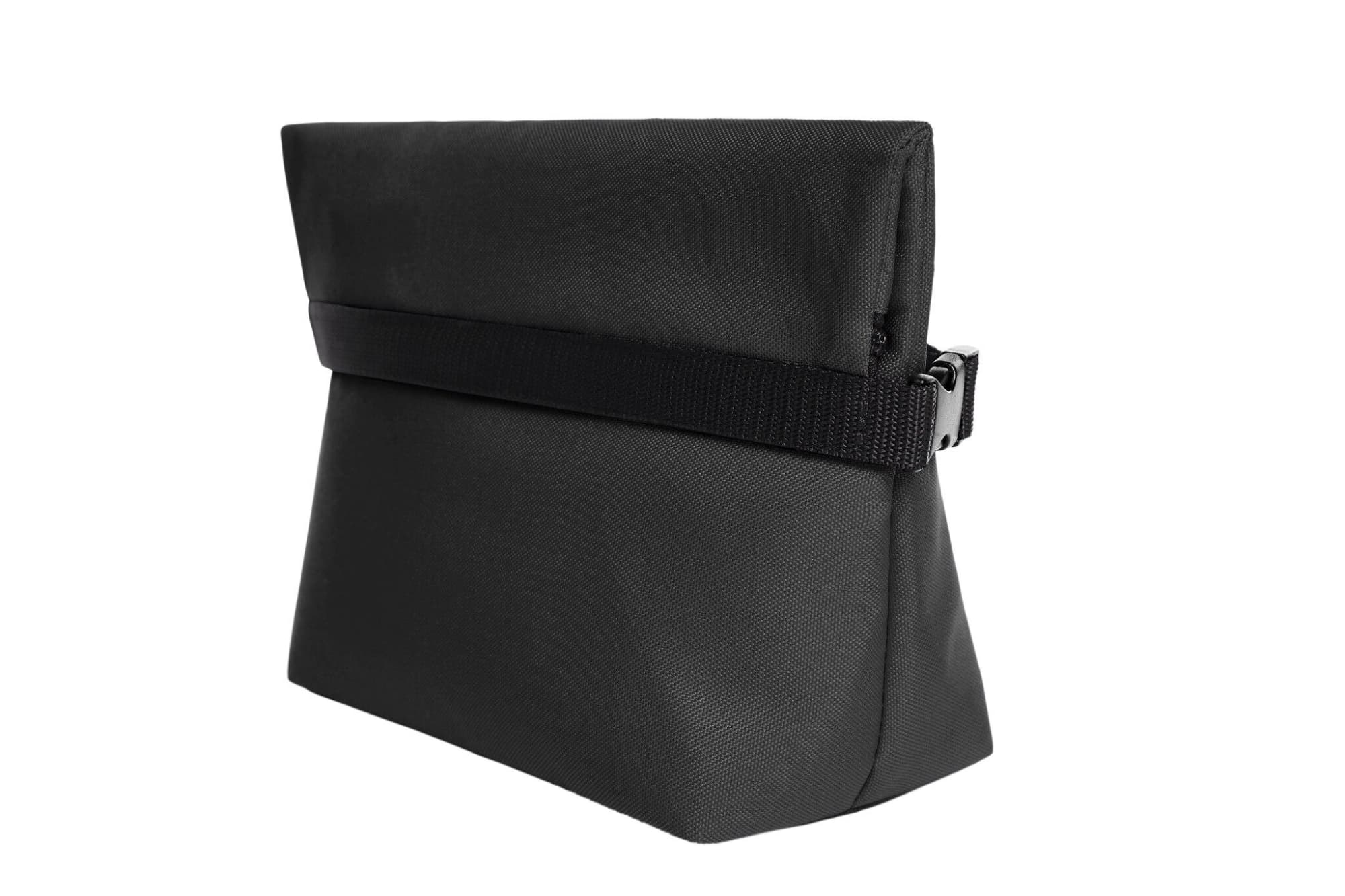 A black cooler bag with a zip closure and a strap, featuring a structured design. It also has a logo.