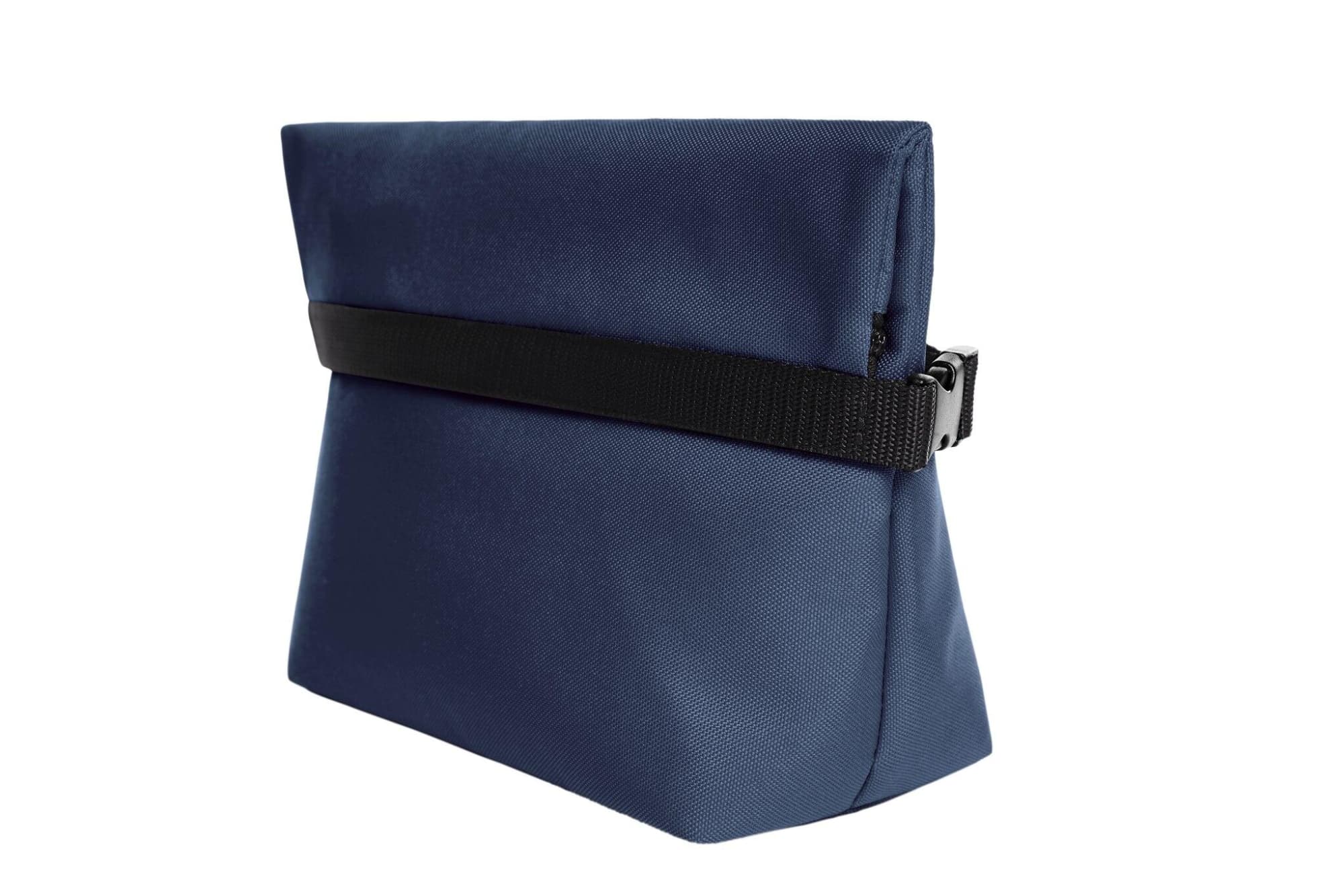 A dark blue cooler bag with a black strap, featuring a structured design and a zippered top.