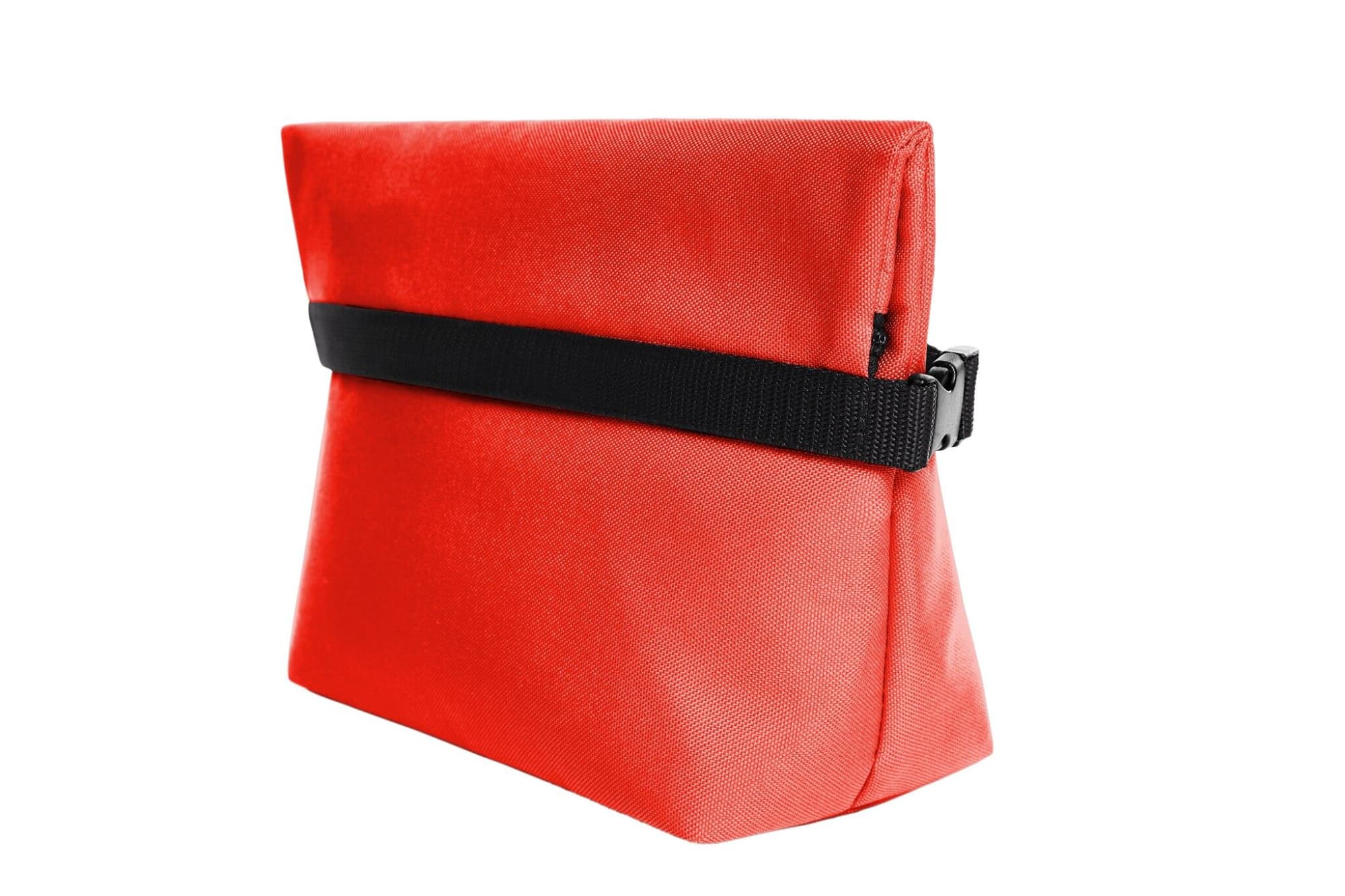 A red cooler bag with a black strap, designed for insulation and storage. It has a simple, rectangular shape.