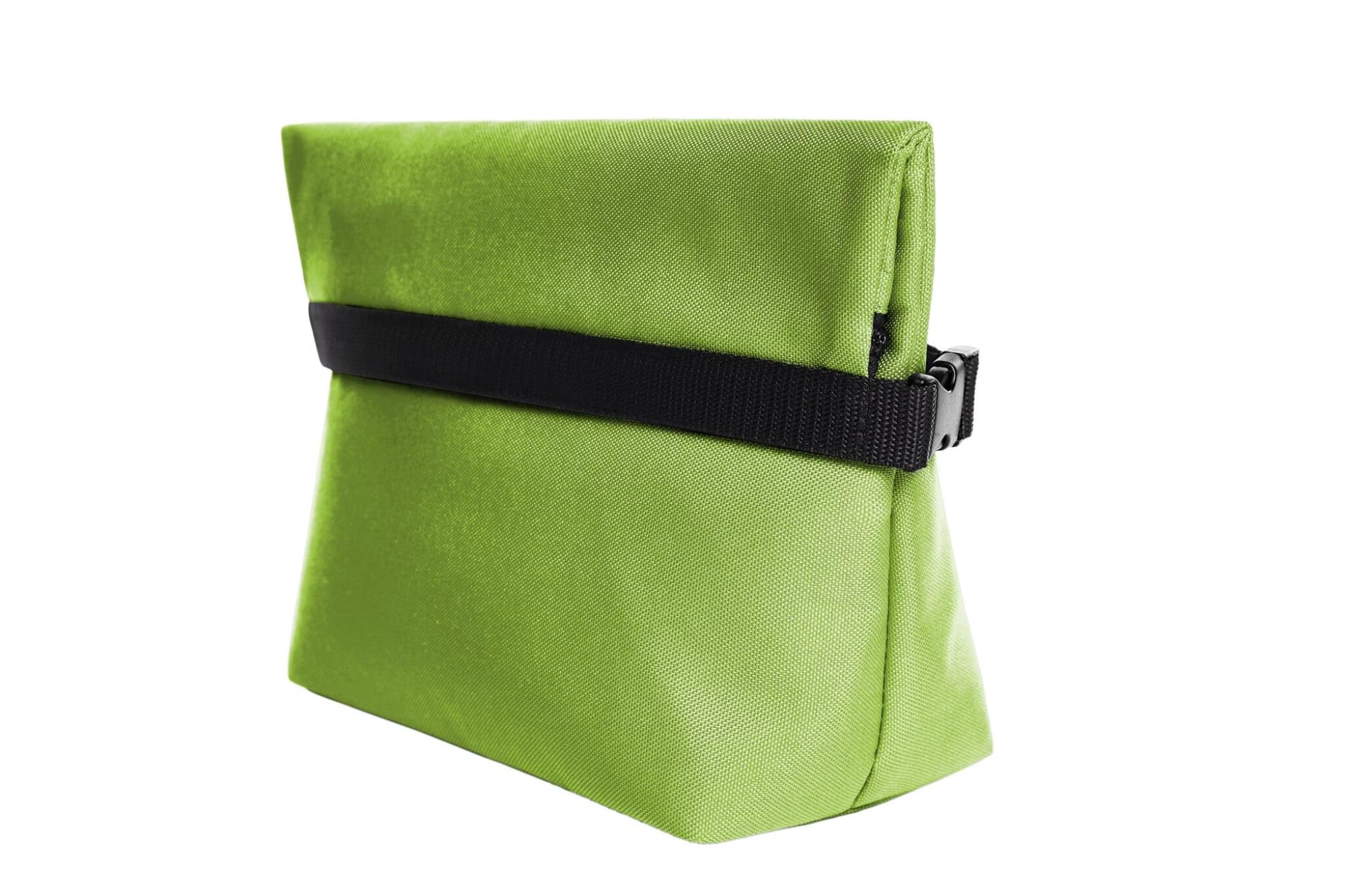 A green cooler bag featuring a black strap, with a structured design and zipper closure. It has a logo on the front.