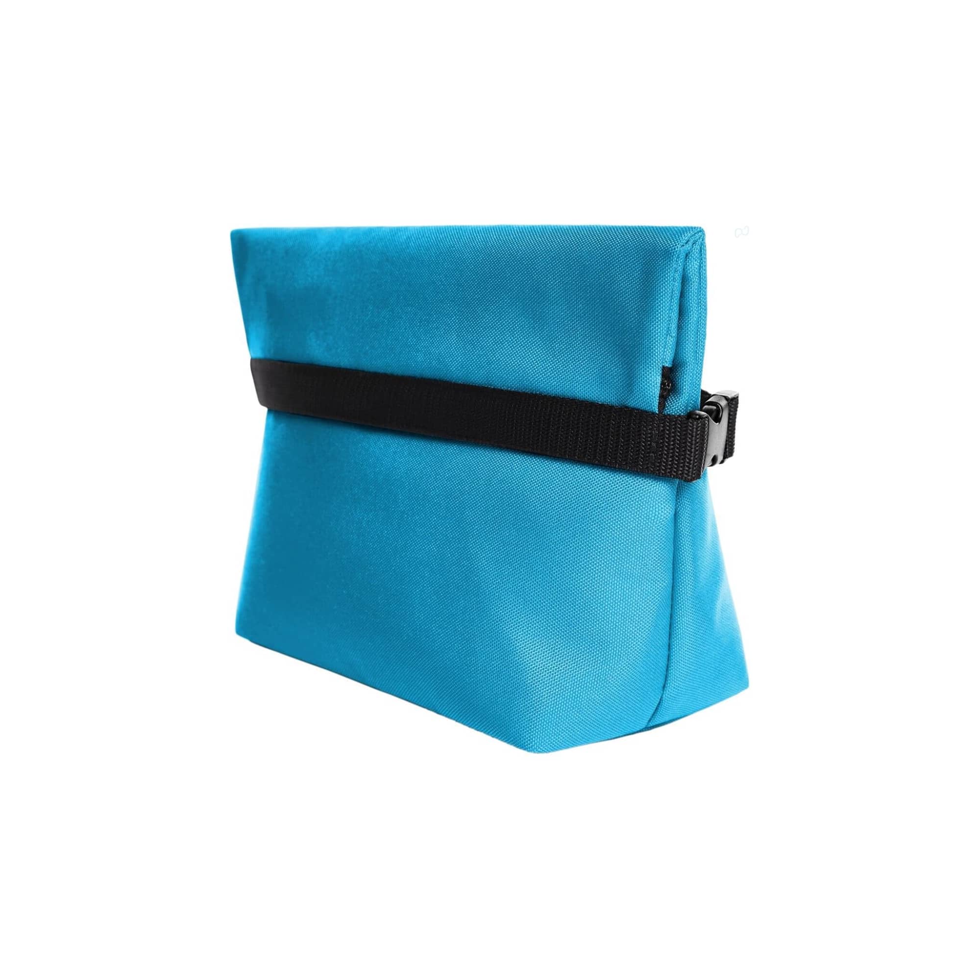 A blue cooler bag featuring a black strap, designed for carrying drinks and food. It has a logo on the side.