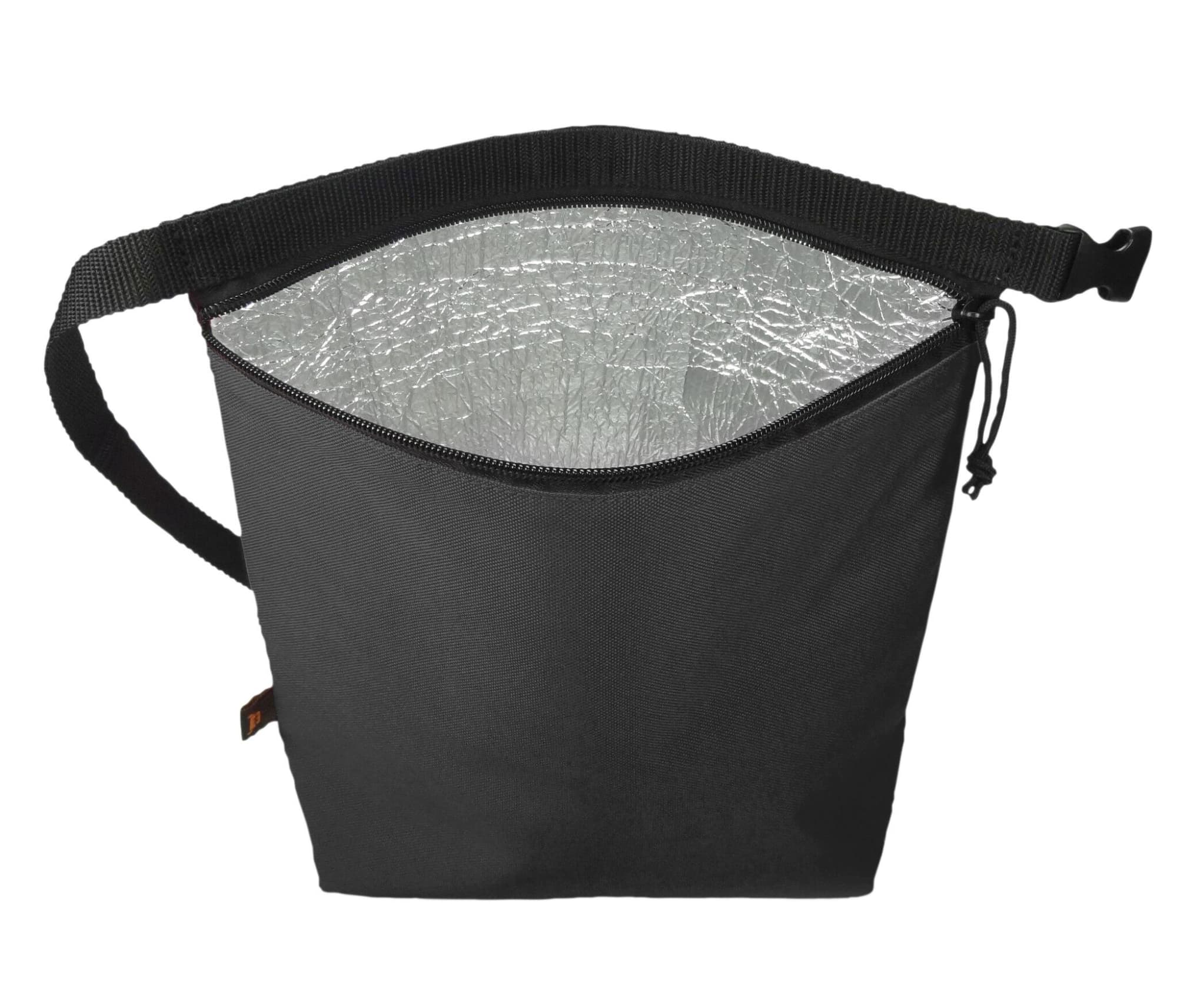 A black cooler bag with a shiny insulated interior, featuring a zipper closure and adjustable strap.