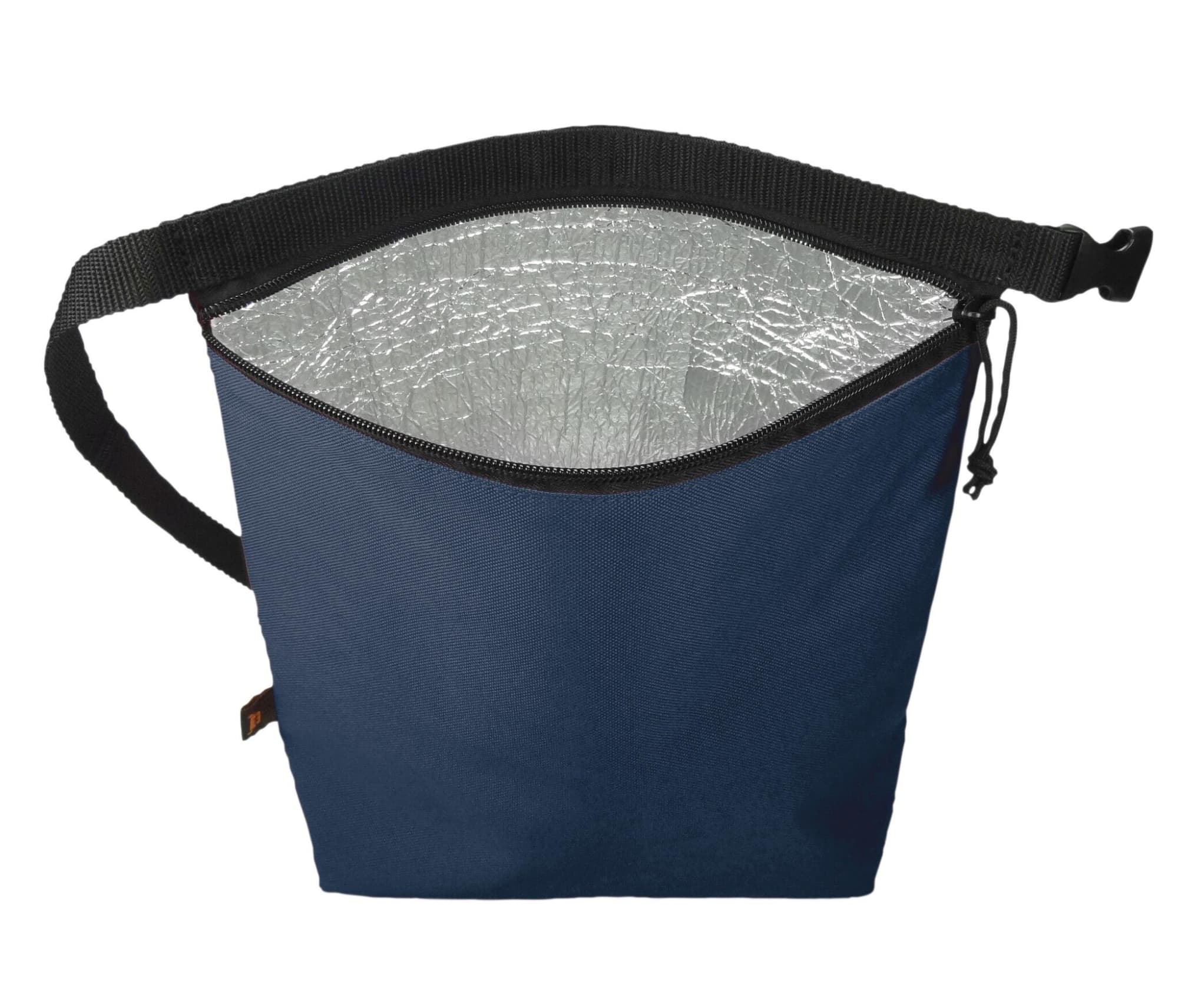 A navy blue cooler bag featuring a silver insulated interior, equipped with a strap for carrying.