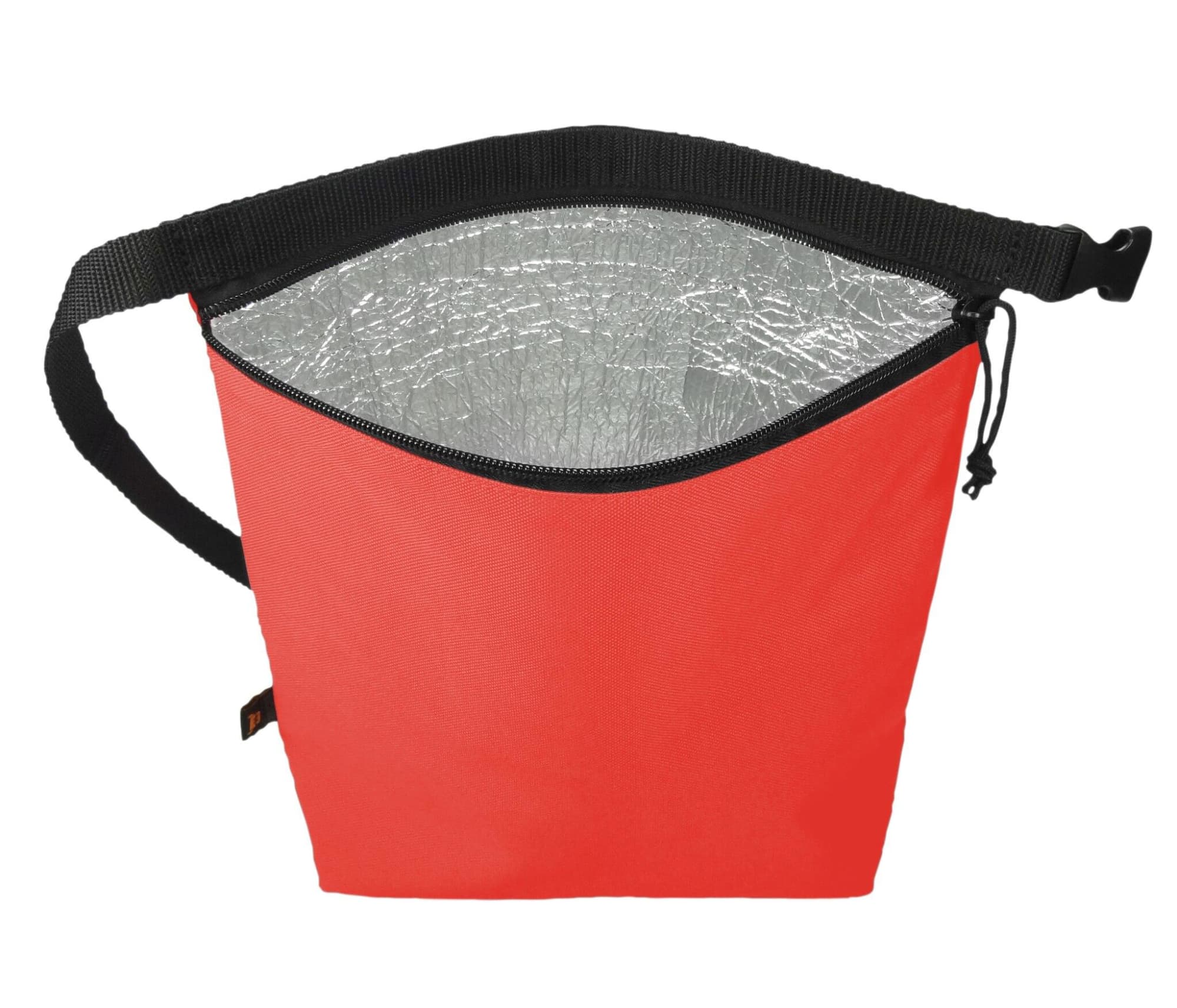 A red cooler bag with a silver insulated interior and a black strap. It has a zippered opening at the top.