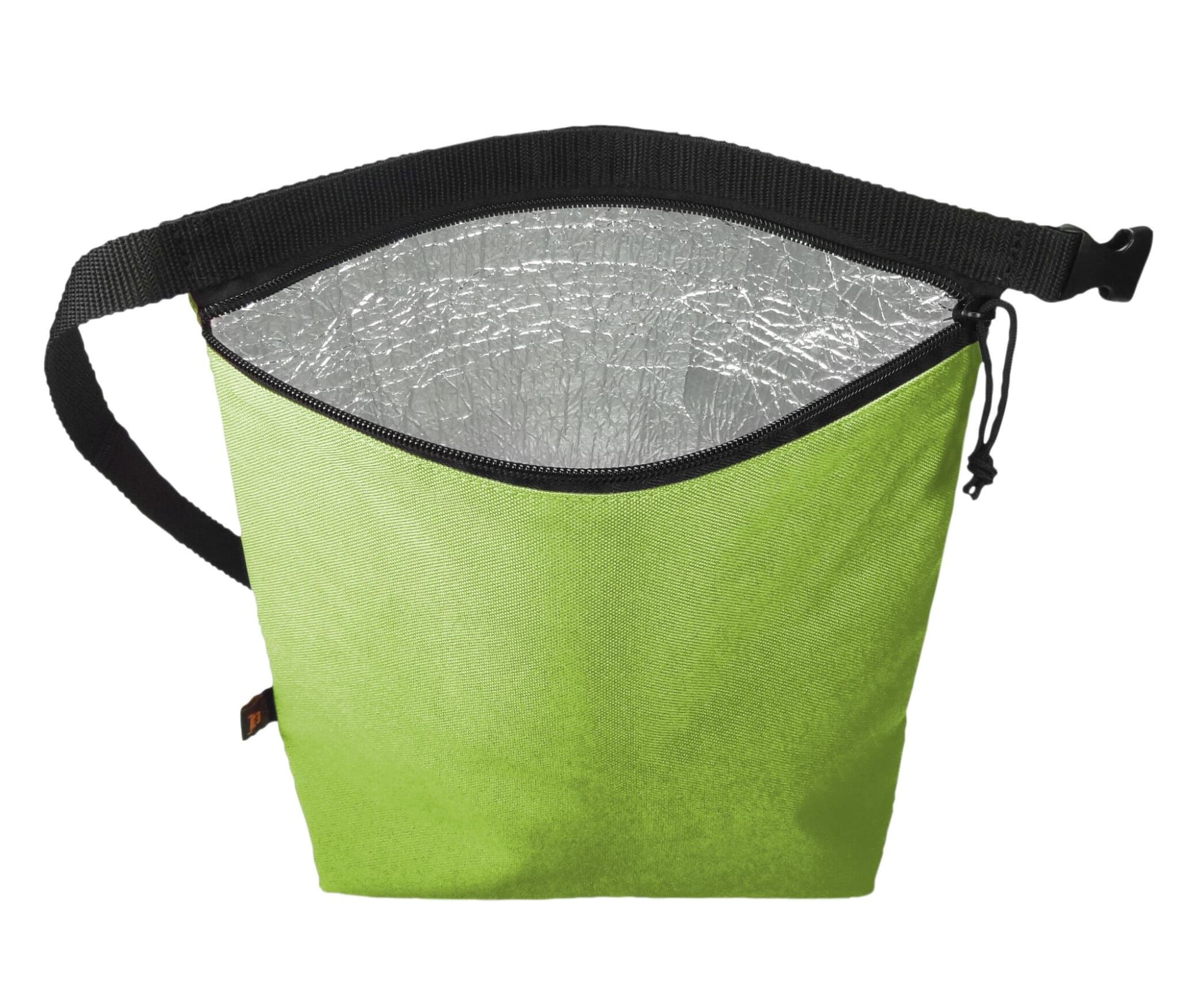 A green cooler bag with a black strap and a shiny silver interior. It has a simple design and a logo.