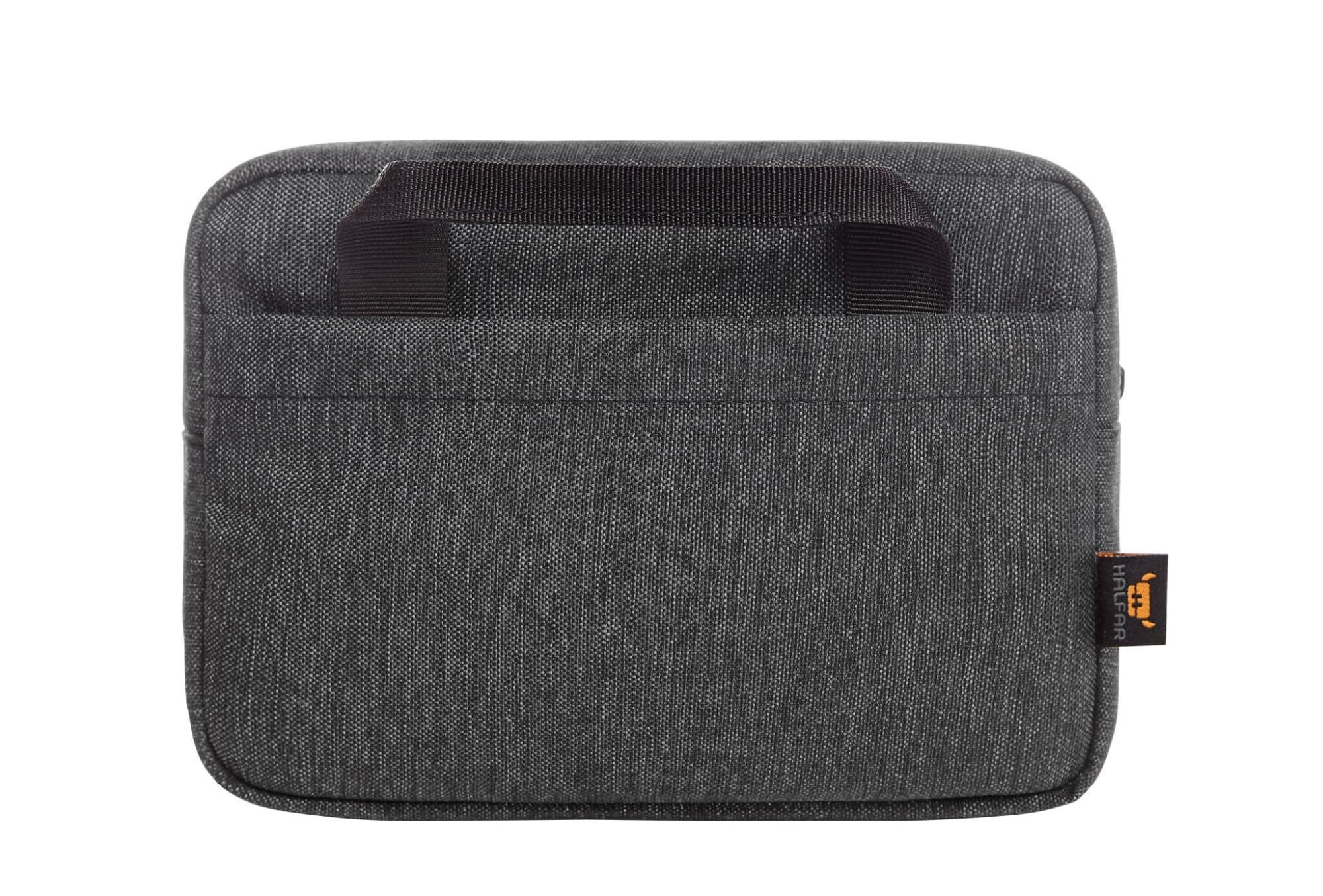 A zippered toiletry bag in grey fabric with a black handle and a branding tag.