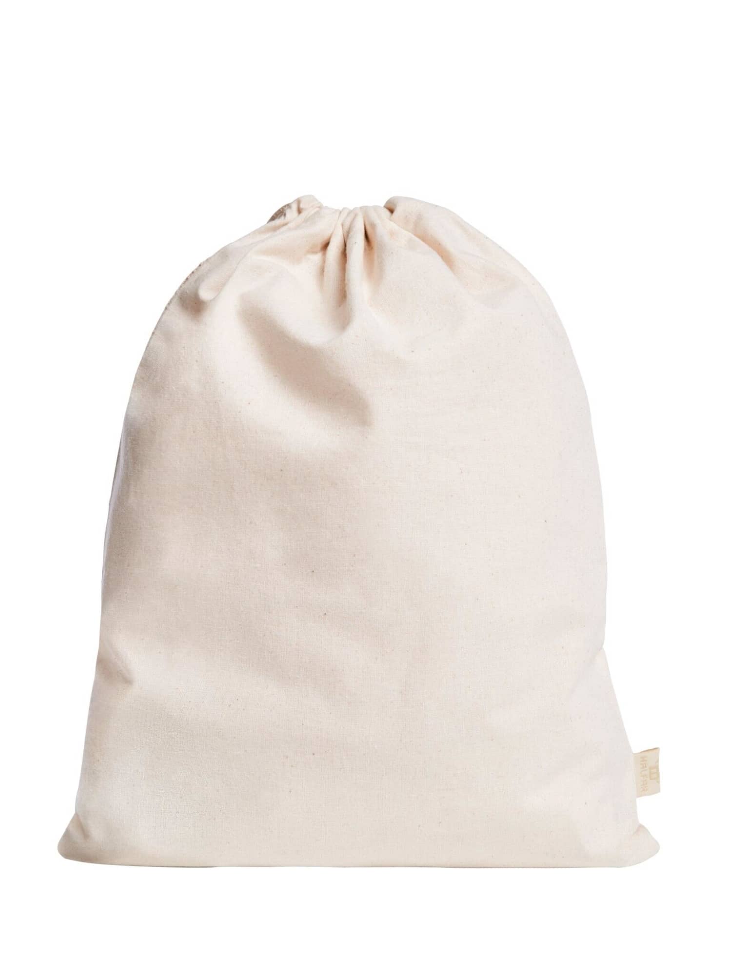 A cream-coloured reusable produce bag with a drawstring closure and a small tag at the bottom.