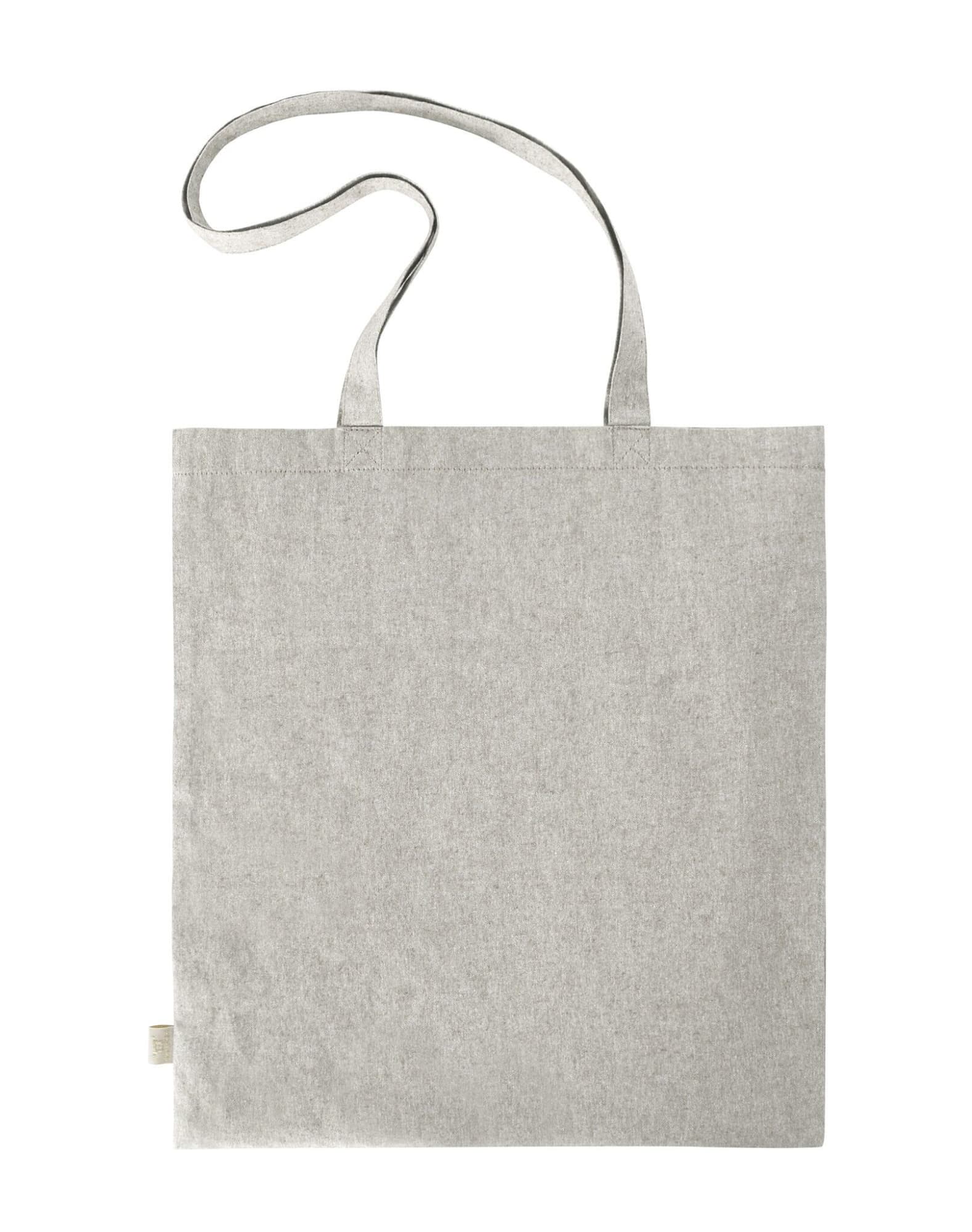 A grey reusable grocery bag with two handles and a simple design. It features a logo on the side.