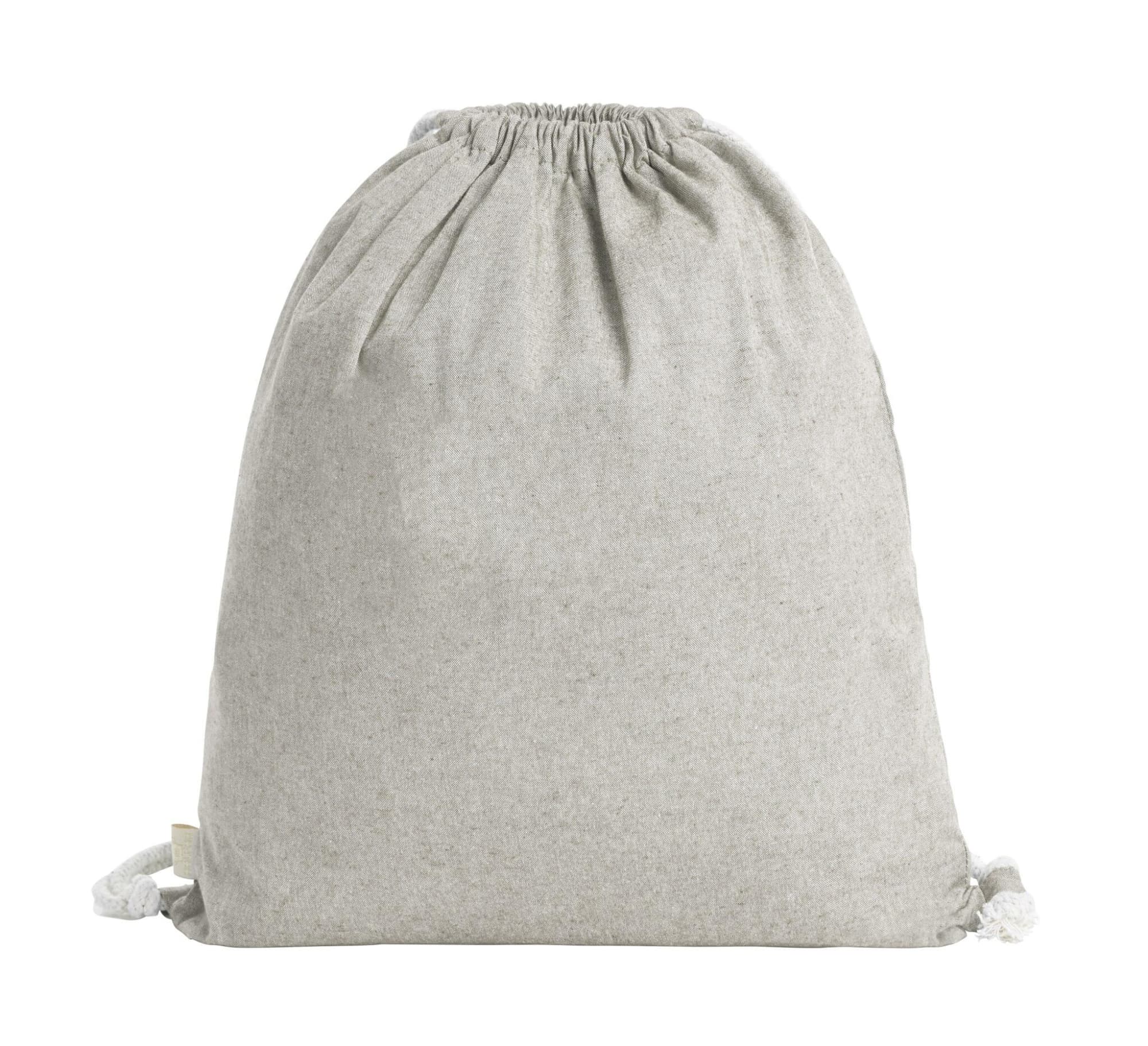 A light grey drawstring bag with a gathered top and ties, featuring a small logo on the side.