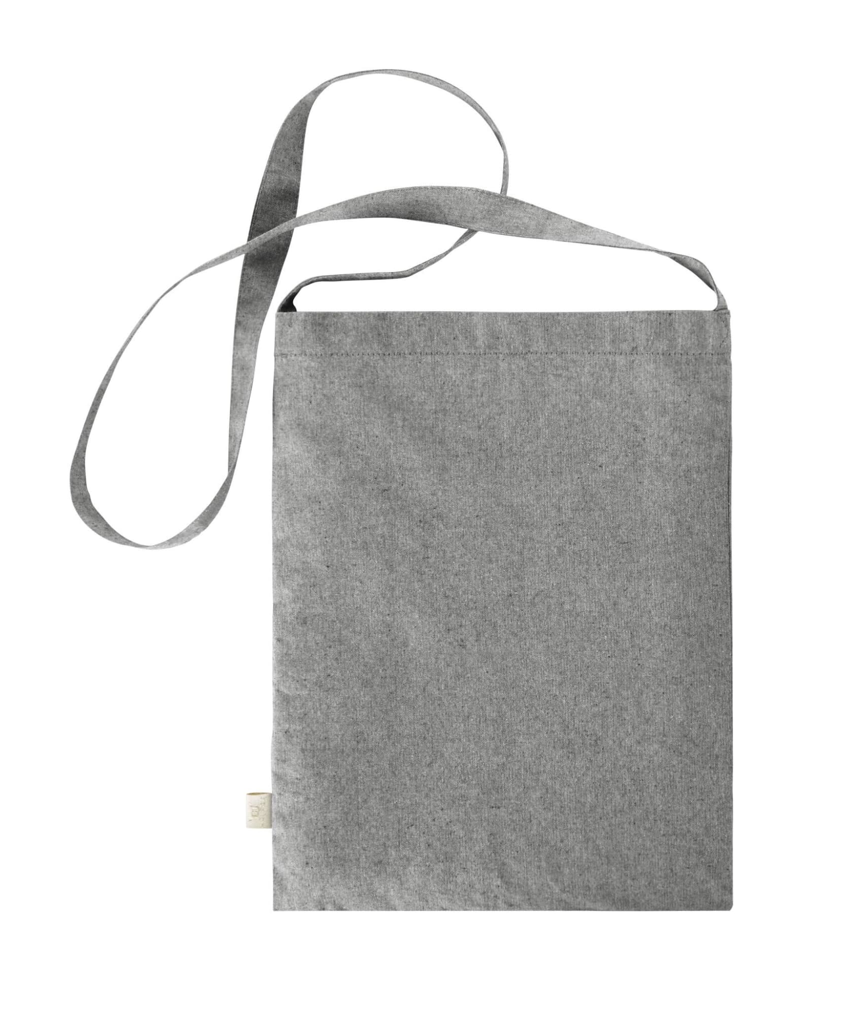 A grey tote bag with a long shoulder strap and a simple design, featuring a small logo.