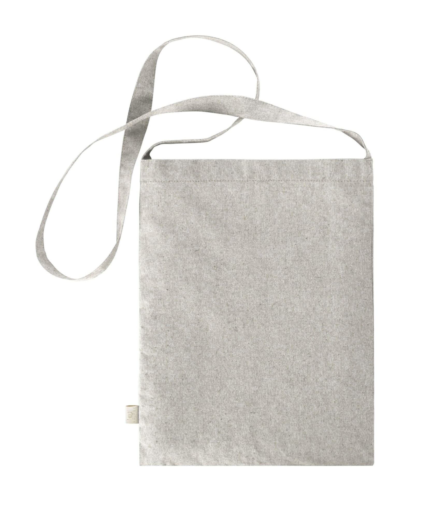 A light grey tote bag with a long strap and a simple design. It features a logo but no other text.