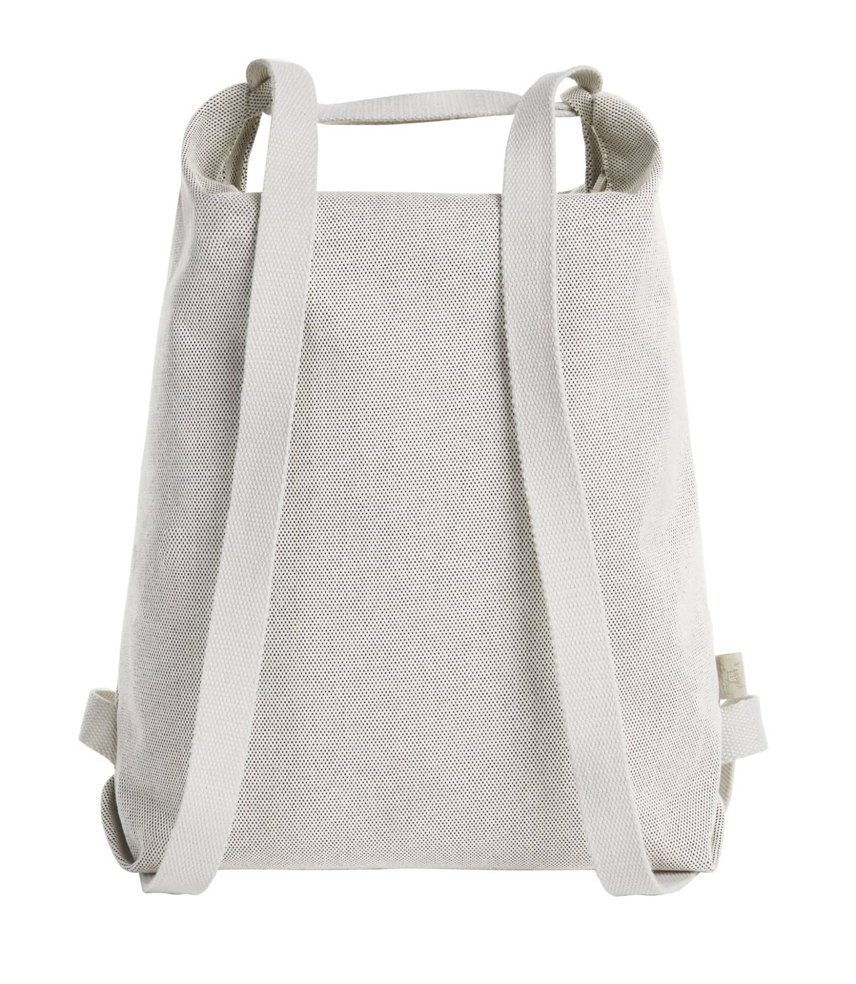 A cream-coloured backpack with dual straps and a simple, textured design. It features a logo on the front.