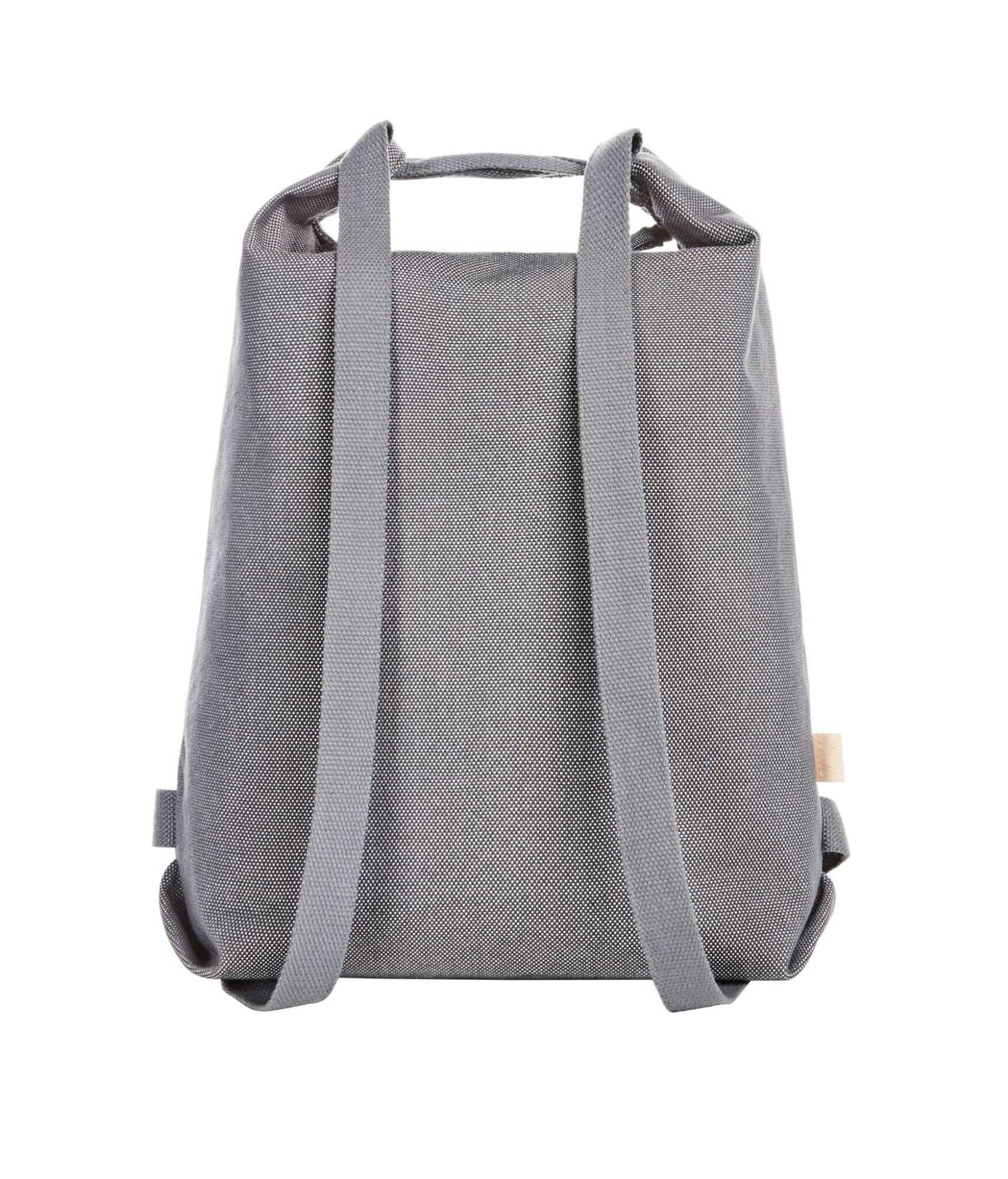 A grey multi-layer bag with two carry straps and a textured fabric. Features a branding logo.