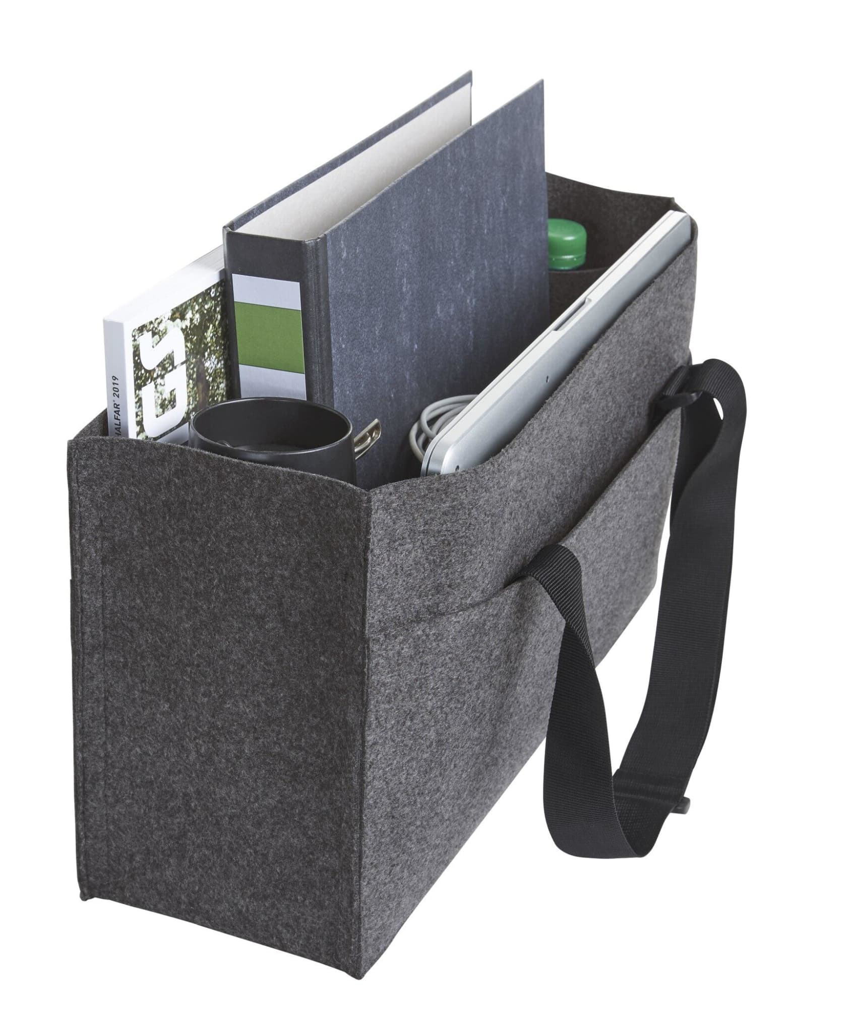 A grey organiser bag with a shoulder strap, containing a notebook, folder, drink bottle, and other items.