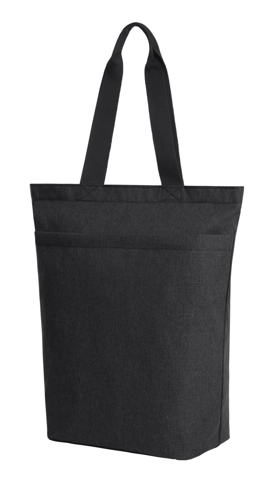 A reusable grocery bag in dark grey with two handles and a front pocket, featuring a logo.