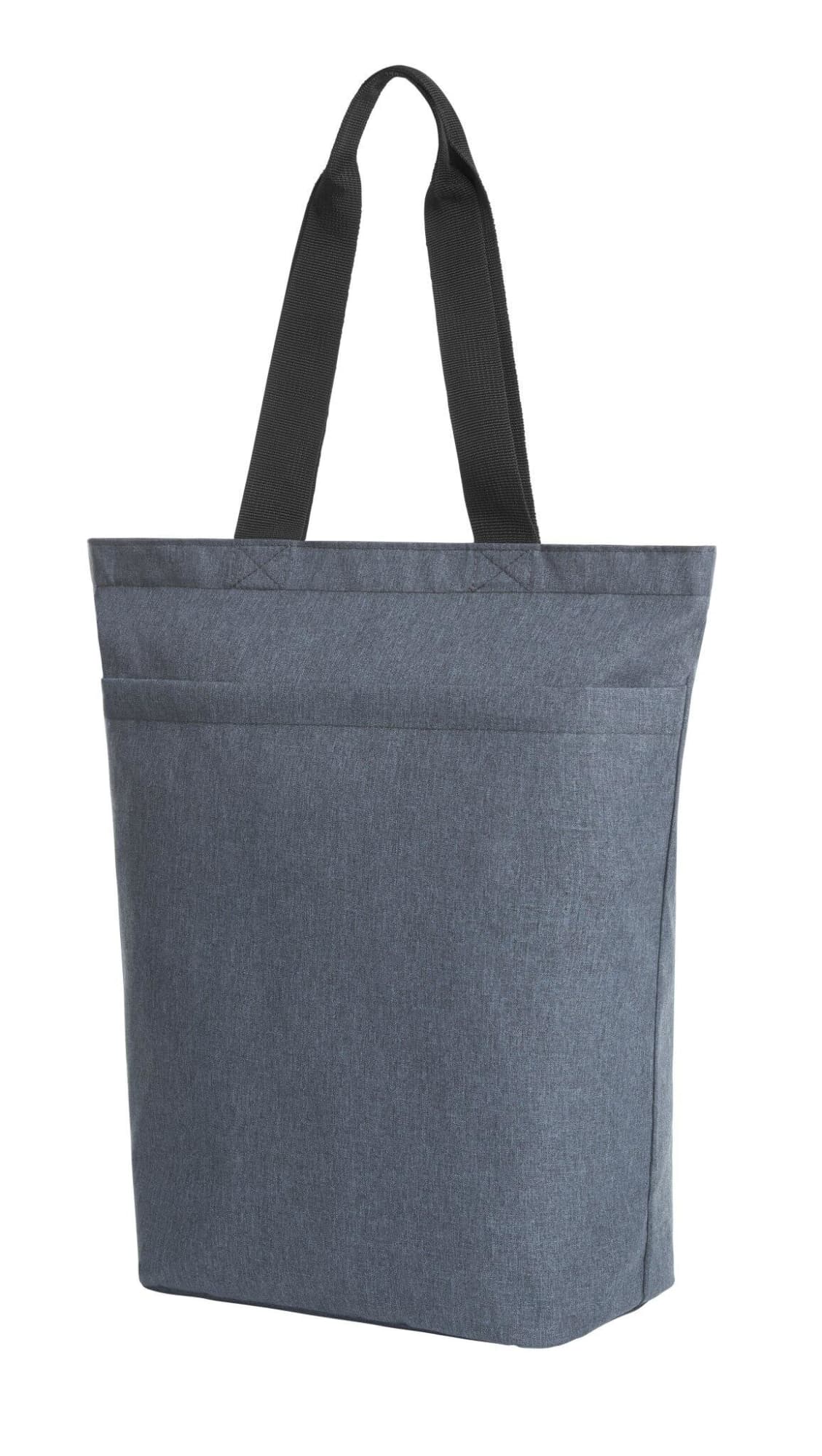 A reusable grocery bag in dark grey with black straps and two front pockets.