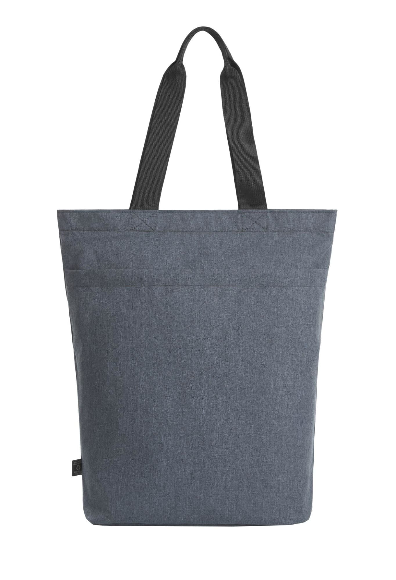 A grey reusable grocery bag with black handles, featuring two outer pockets and a branding logo.