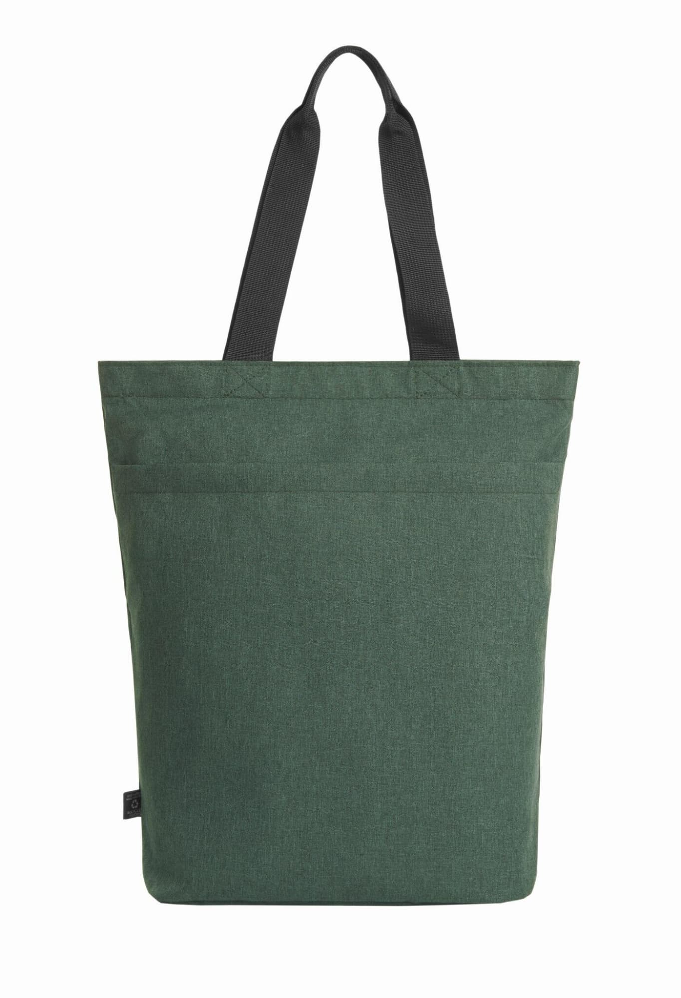 A green reusable grocery bag with black straps and a simple design, featuring a logo on the side.