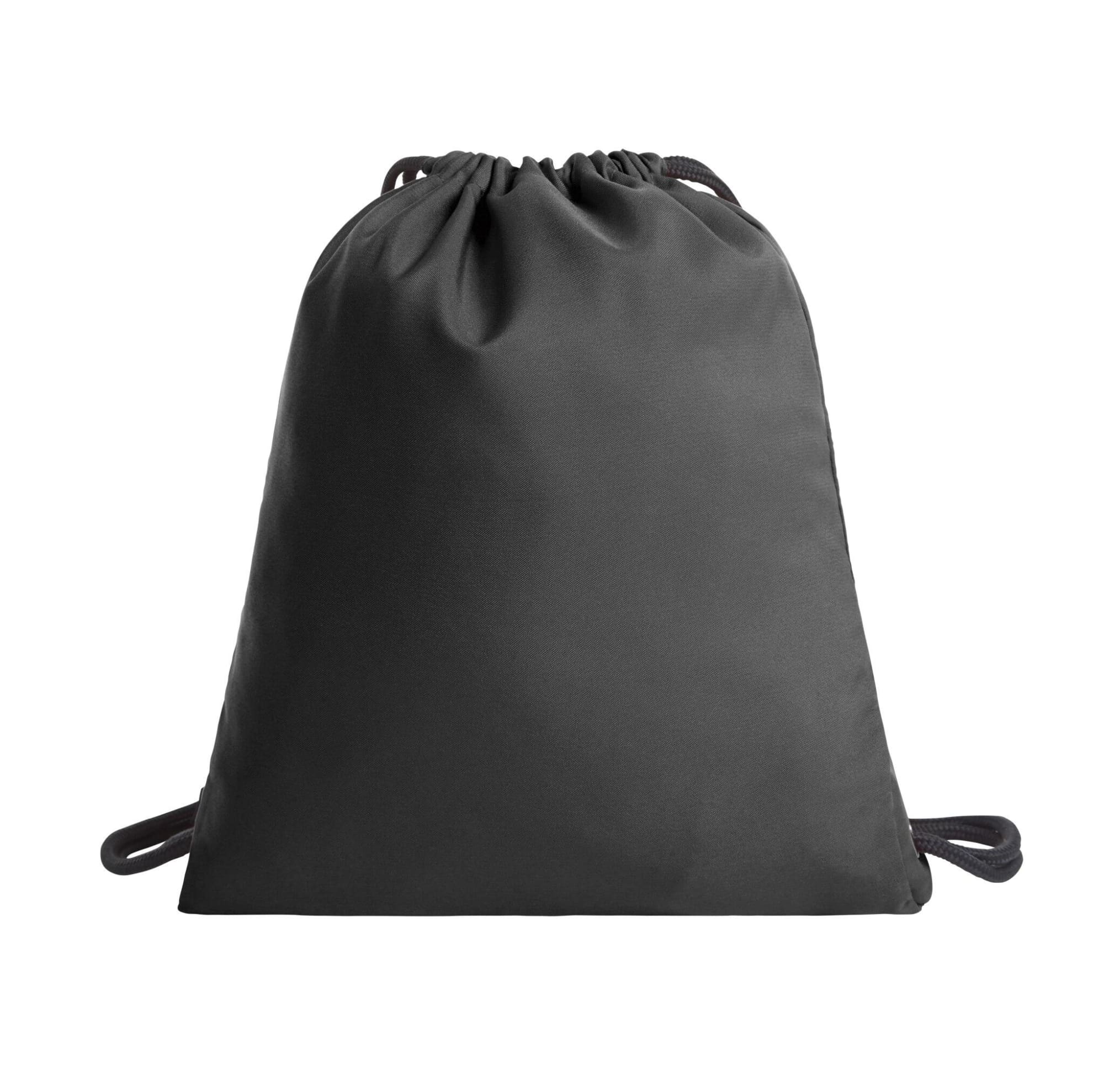 A black drawstring bag with a simple design and matching drawstrings, featuring a logo.