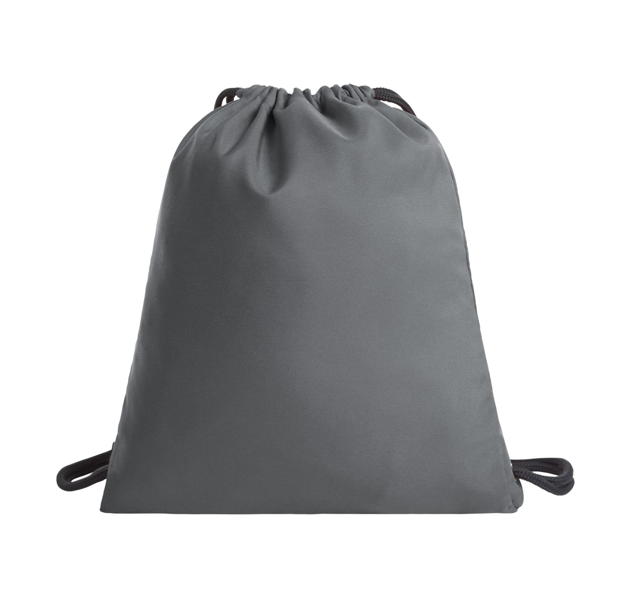 A grey drawstring bag with a rounded top and two drawstrings, featuring a logo.