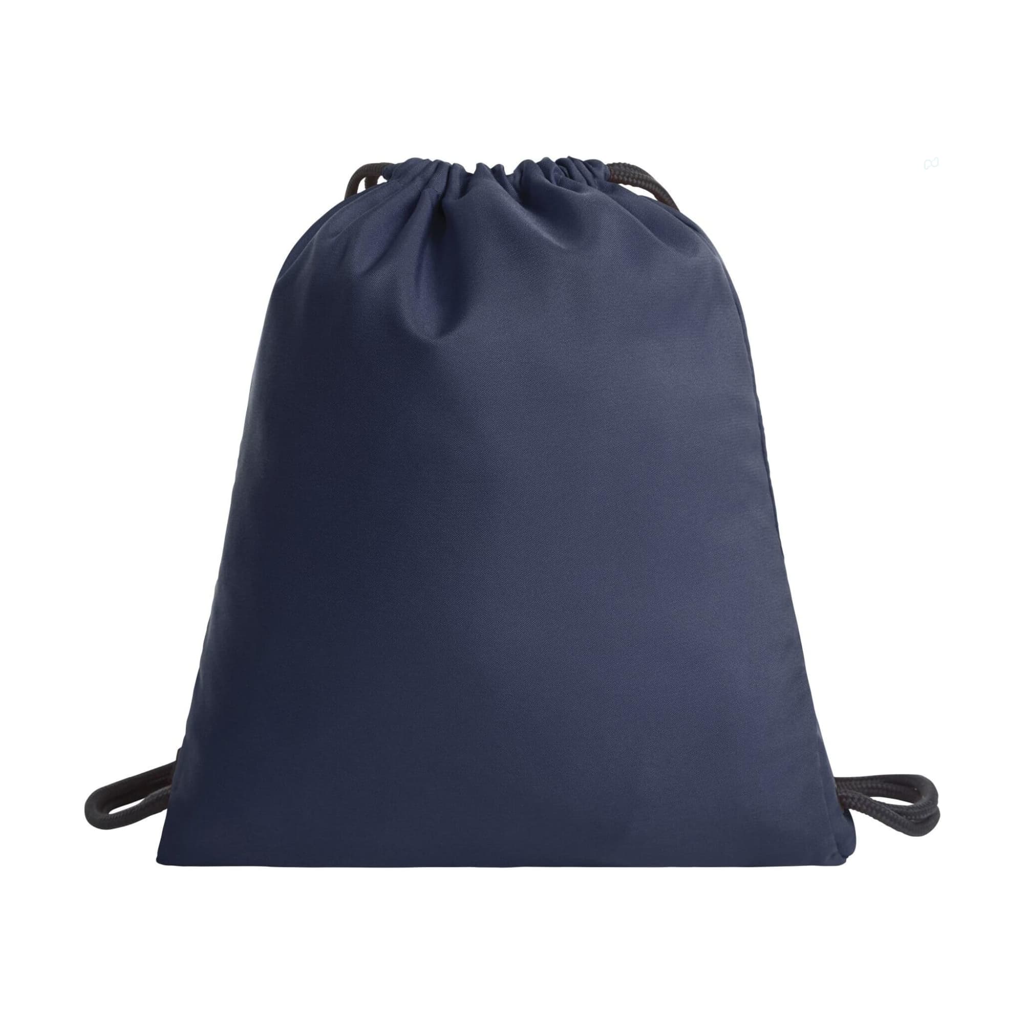 A navy drawstring bag with a smooth surface and contrasting black cords, featuring a logo.