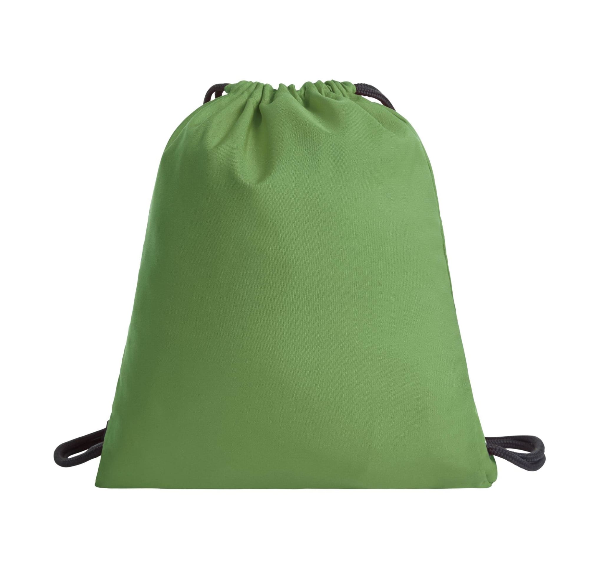 A green drawstring bag with darker straps and a simple design, featuring a logo on the surface.