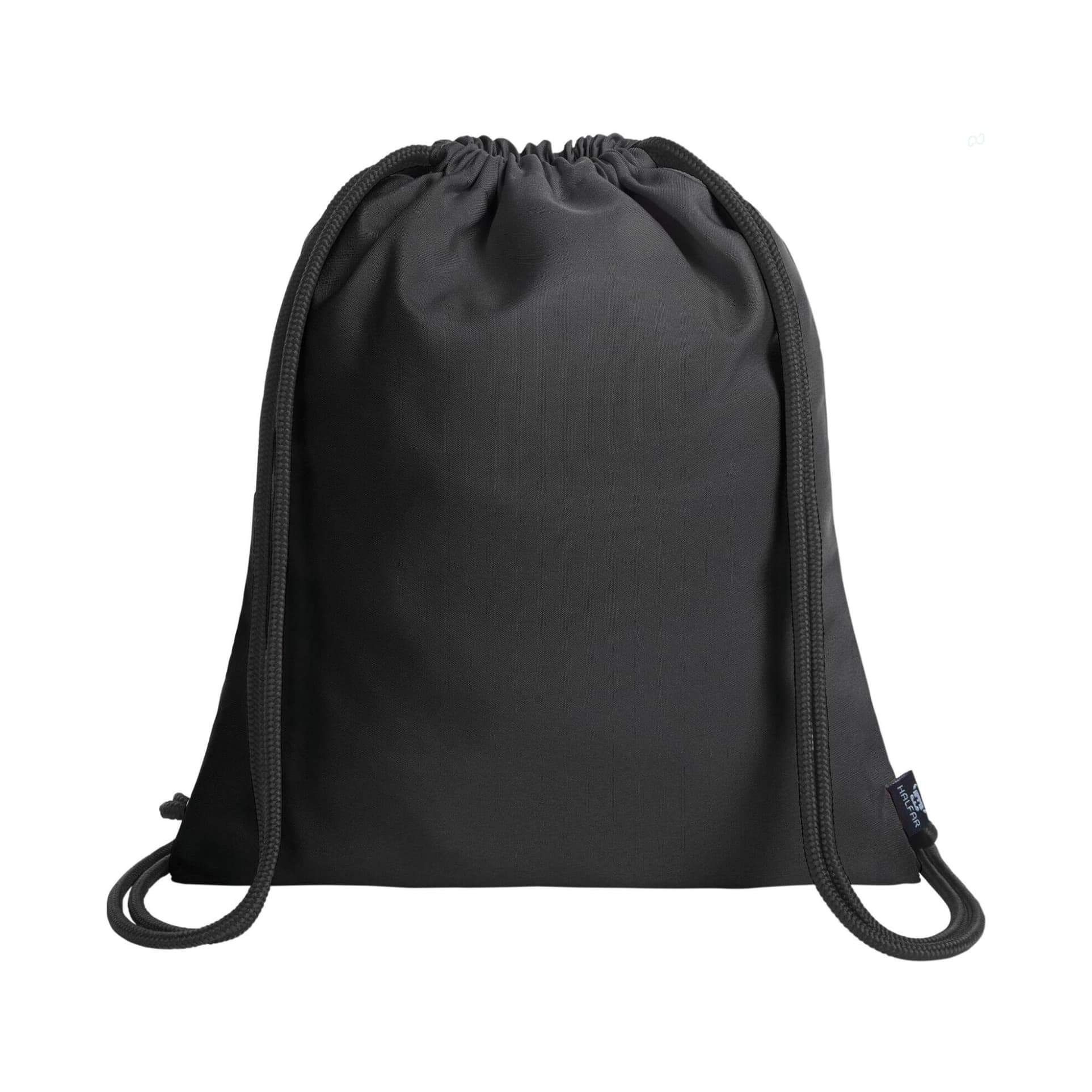 A black drawstring bag with matching cords and a branding logo on the side.