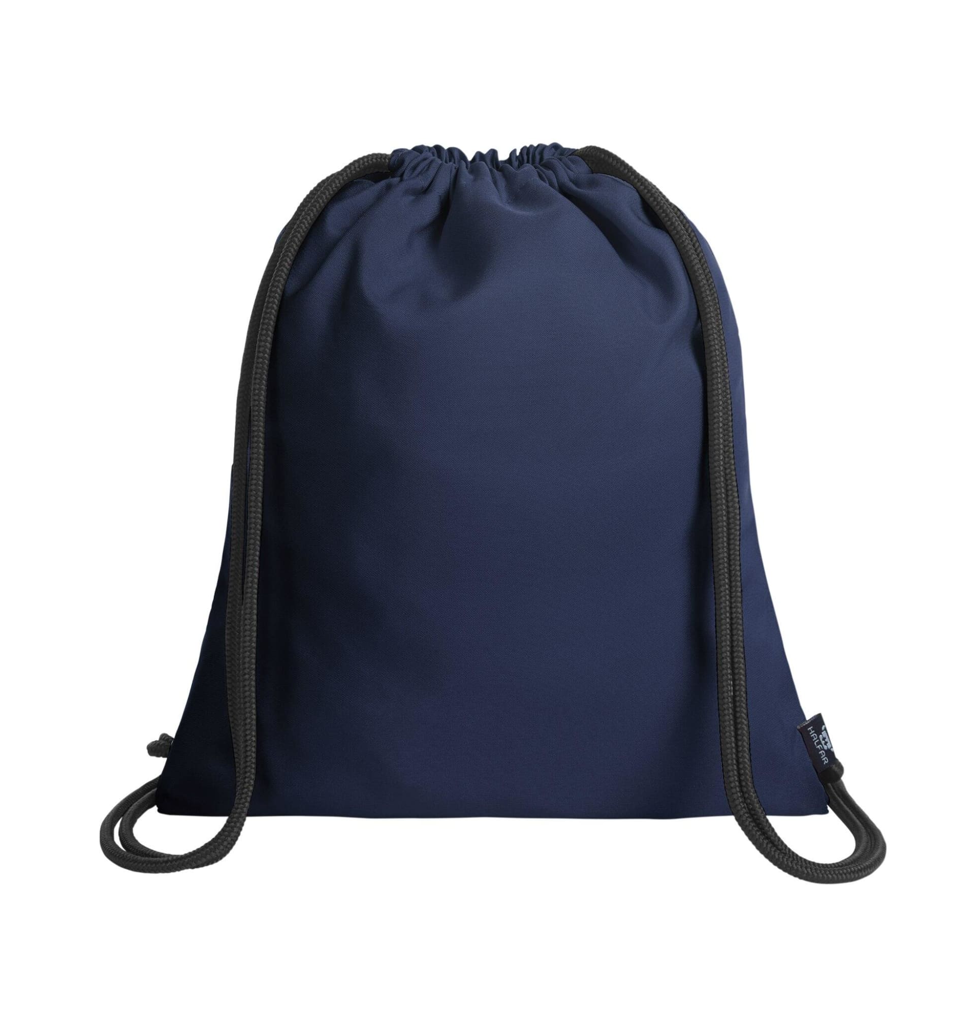 A navy drawstring bag with two matching cords, featuring a simple design and a branded logo.