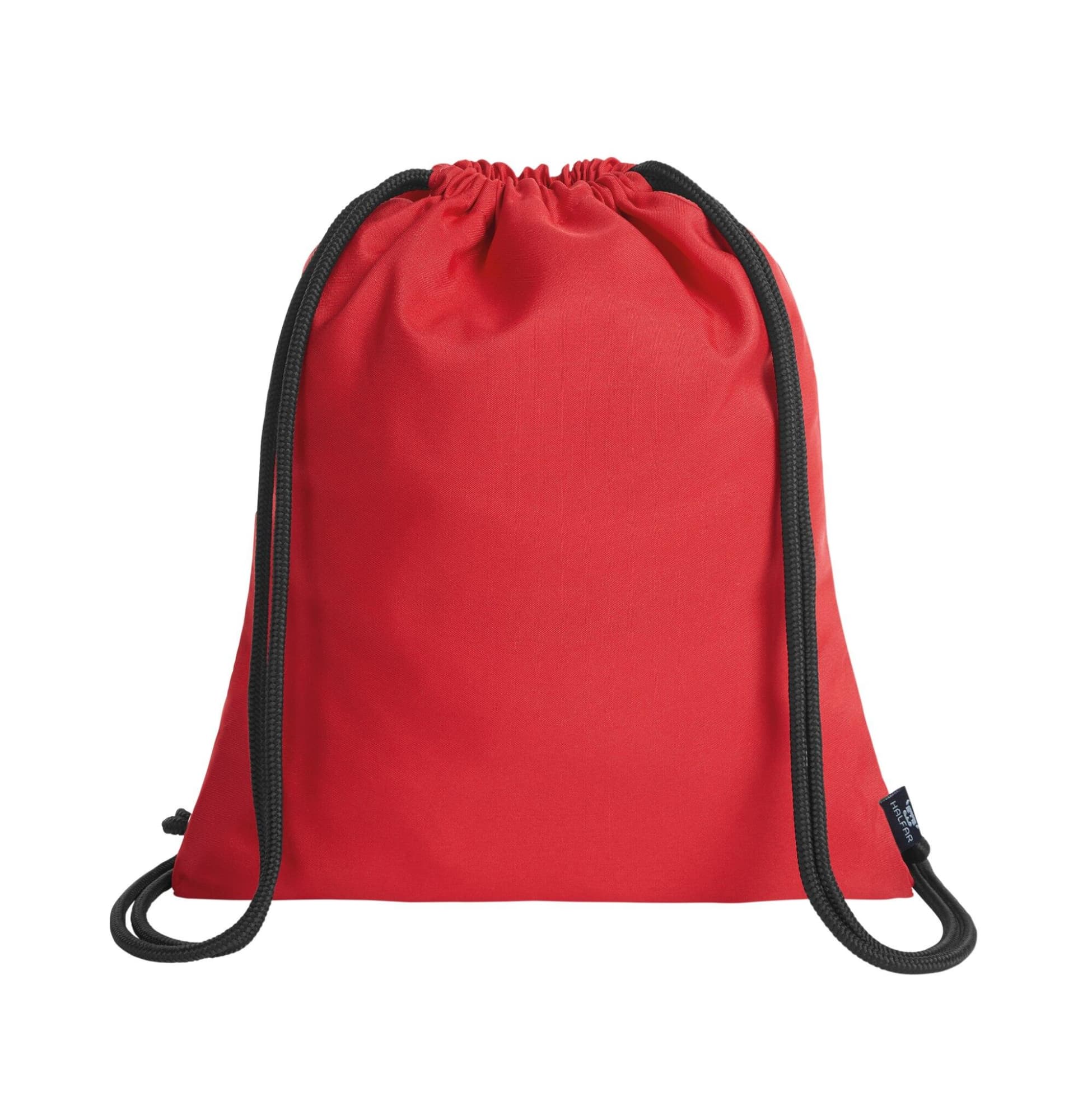 A red drawstring bag with black cord straps and a simple design, featuring a logo.