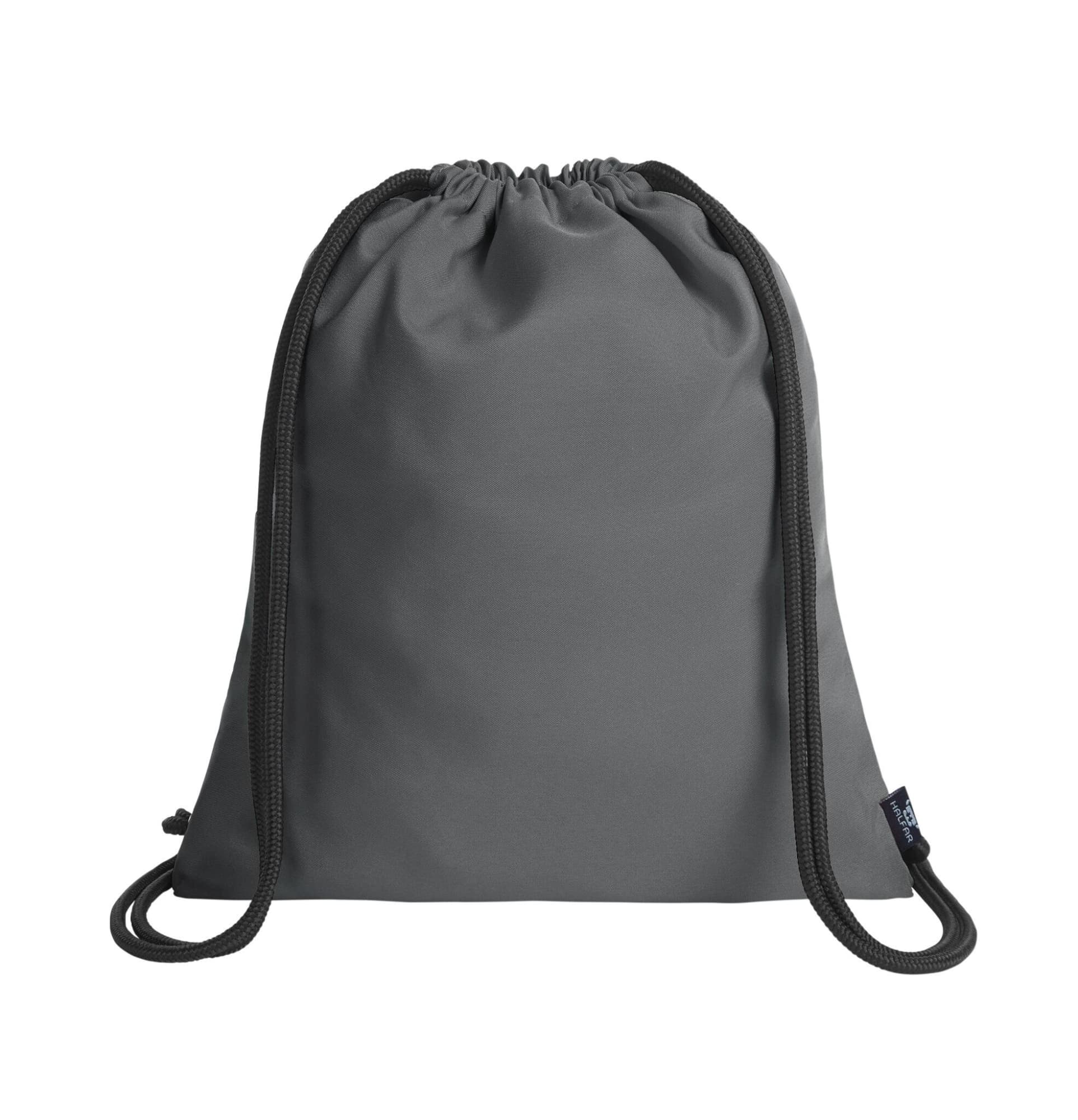 A grey drawstring bag with matching cords and a logo at the bottom.