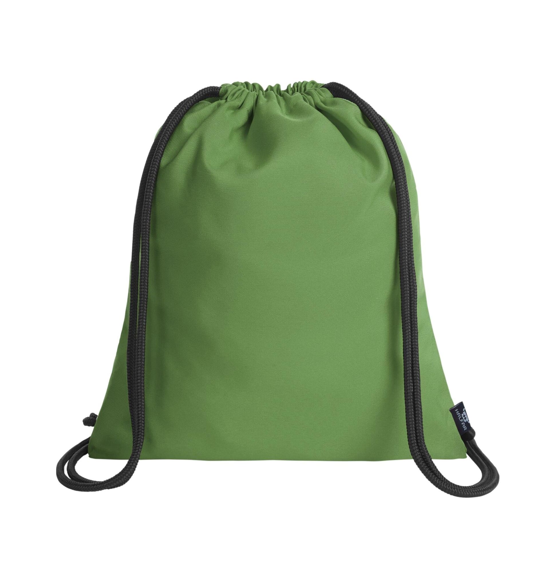 A green drawstring bag with black cords and a logo at the bottom.