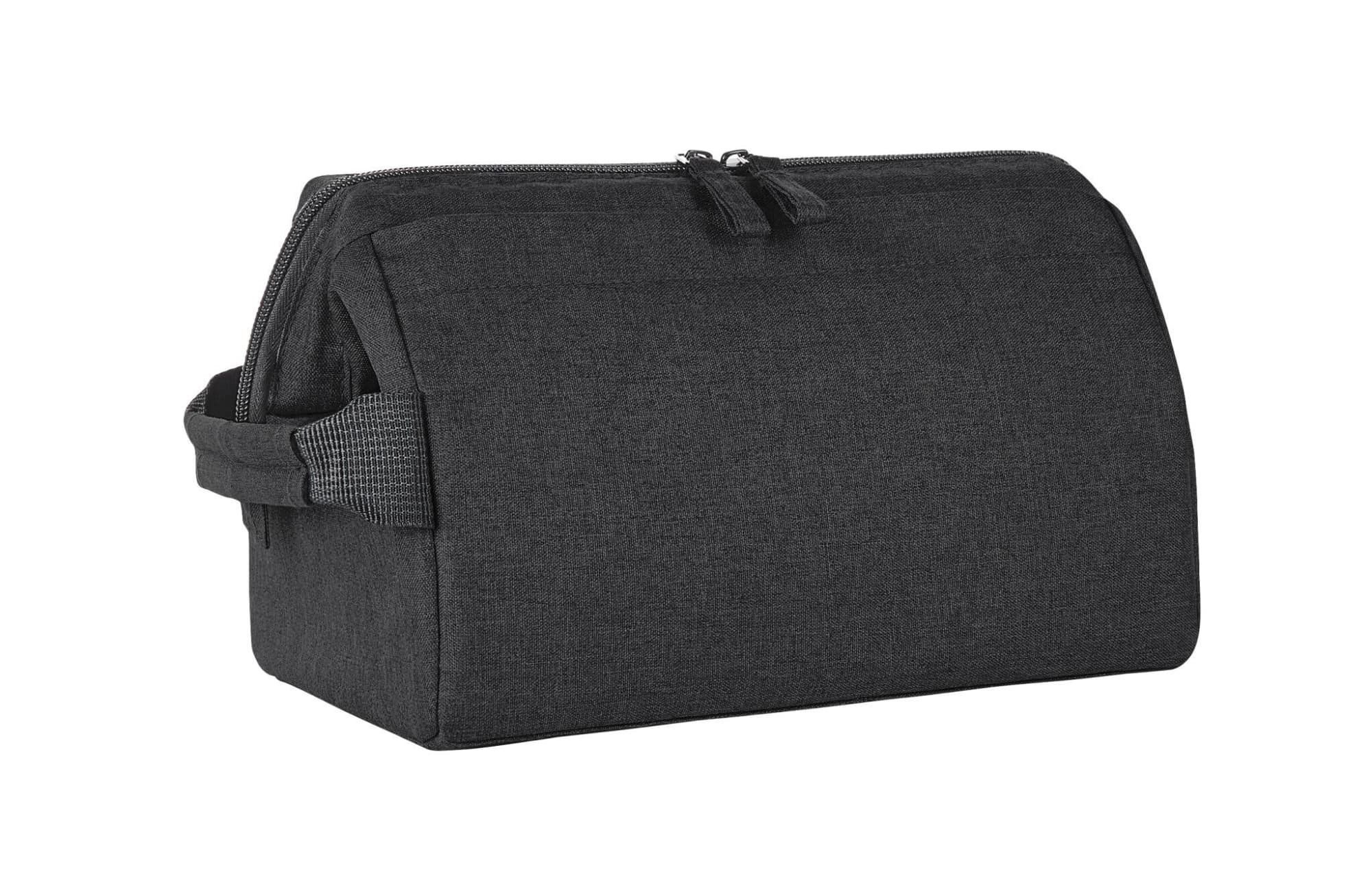 A dark grey toiletry bag with a zip closure and a side handle. It features a simple design and has a logo.