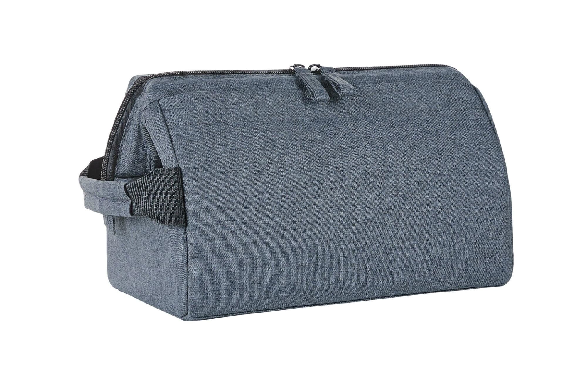 A grey toiletry bag with a rounded shape, featuring a zip closure and a side handle. It has a logo on the front.