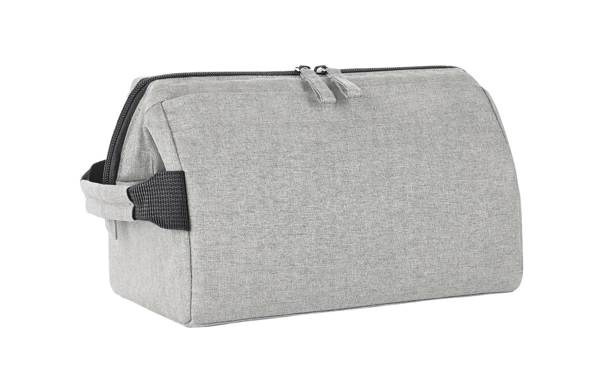 A grey toiletry bag with a zip closure and side handle, featuring a simple design and a logo.