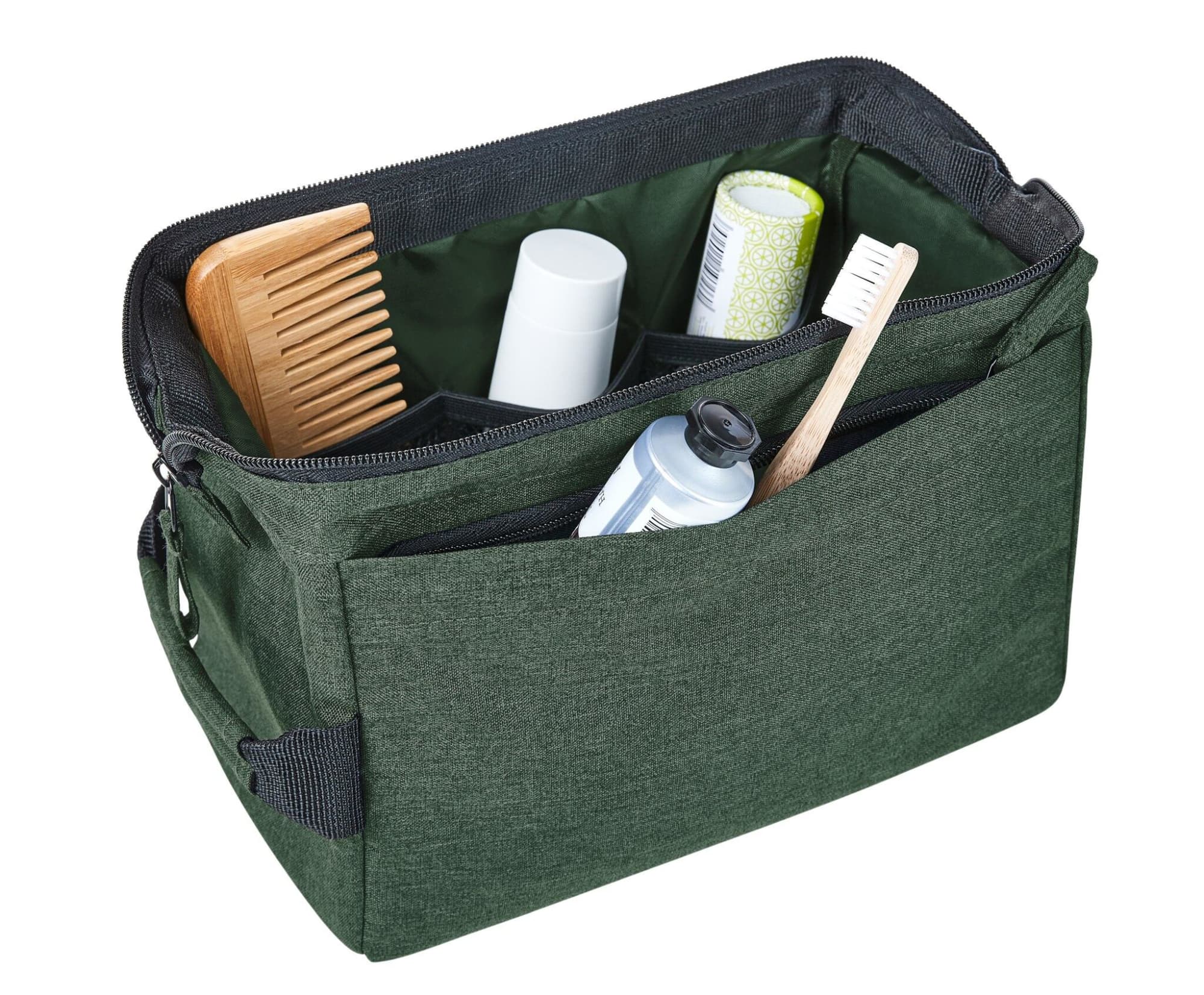 A green Circle Zipper Bag containing a comb, toiletries, and grooming products, featuring multiple compartments.