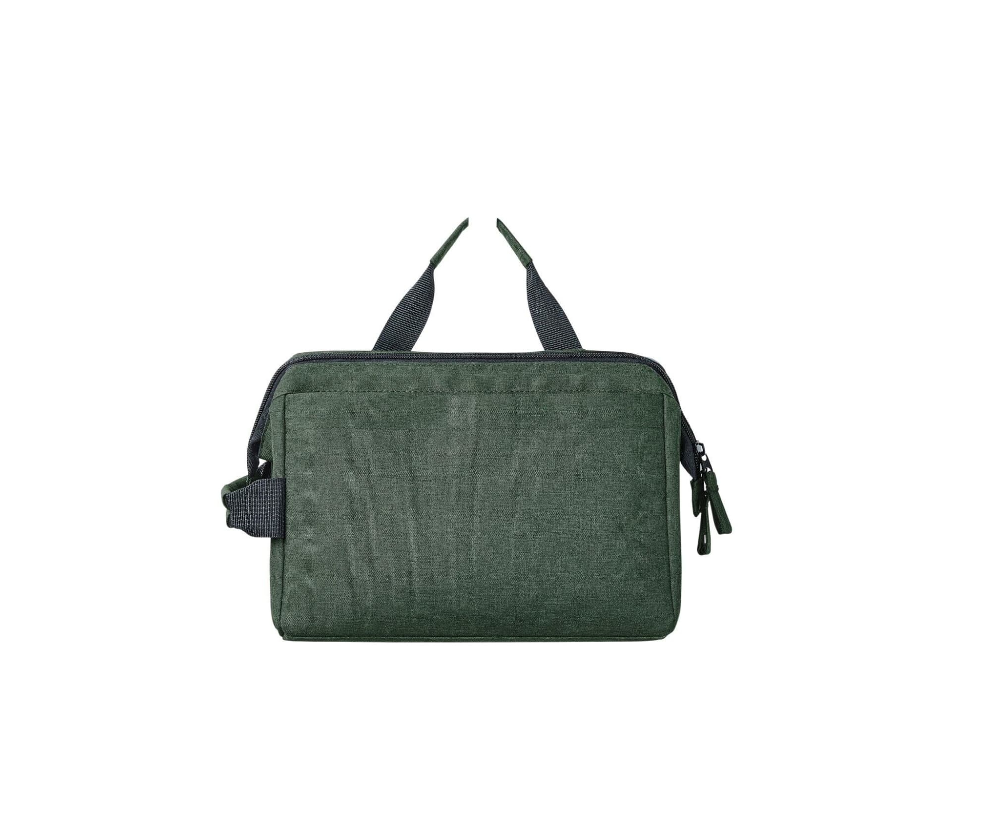 A green circle zipper bag with dual handles and a side strap, featuring a zip closure and a logo.