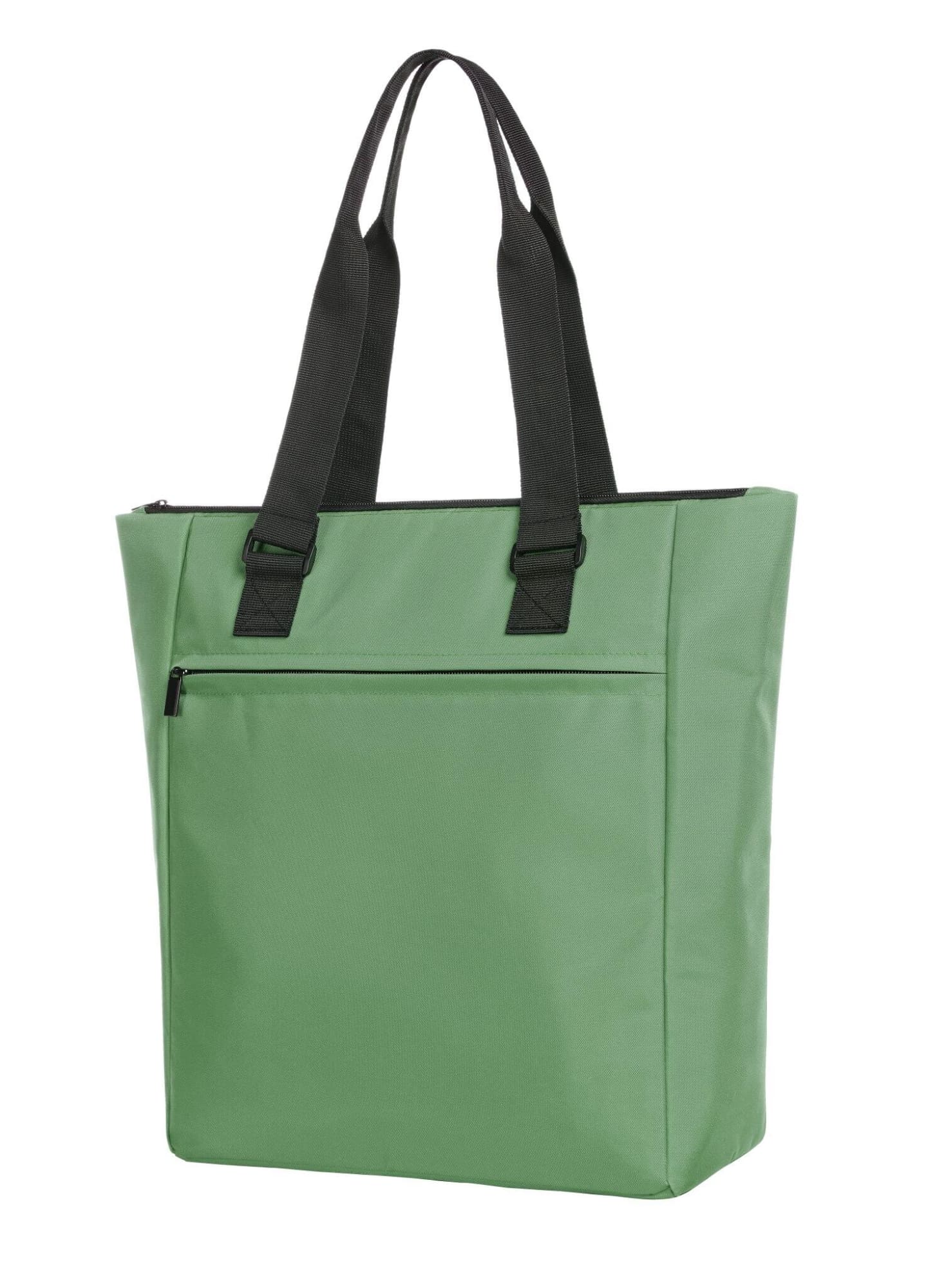 A green cooler bag featuring black handles and a zipped front pocket, designed for carrying beverages and snacks.