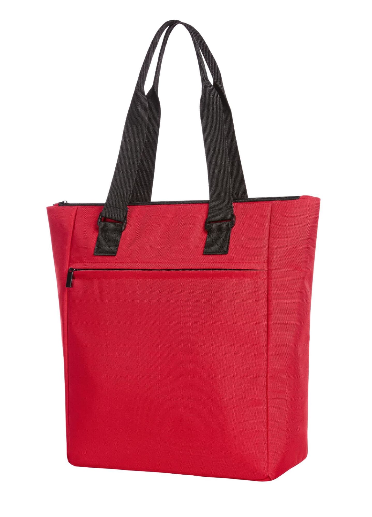 A red cooler bag with black handles and a zip pocket on the front, featuring a logo.