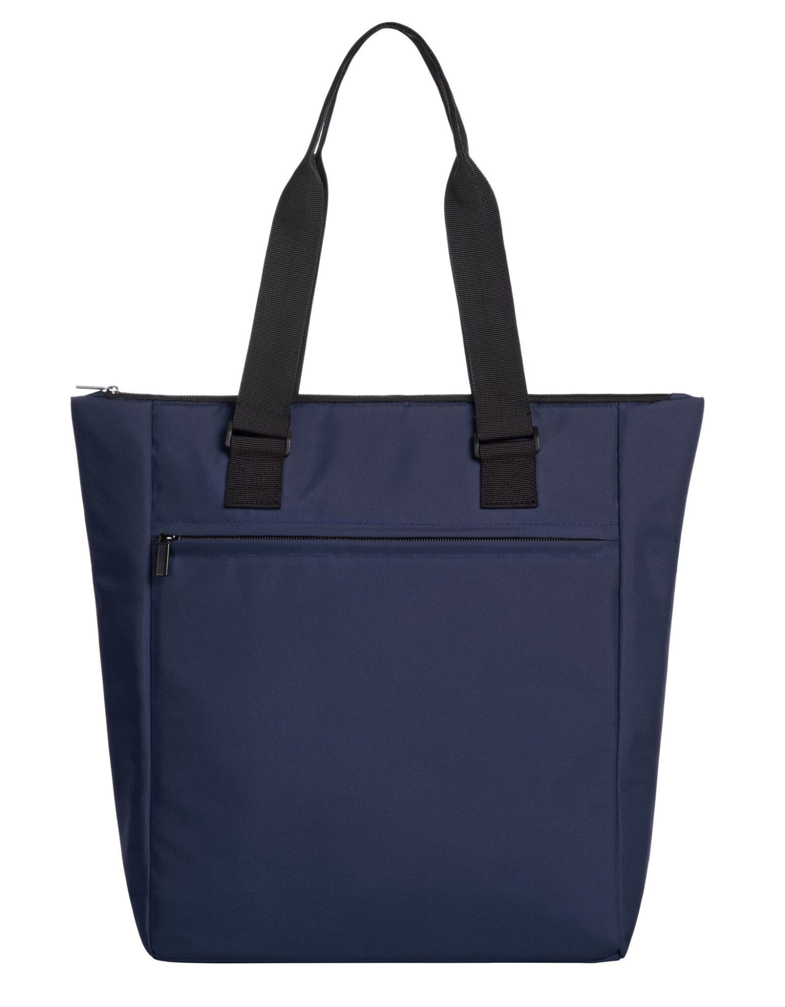 A navy blue tote bag with black straps and a front zip pocket, featuring branding on the fabric.